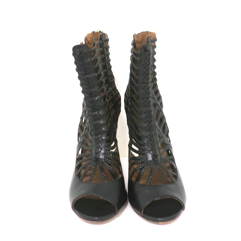 Aquazzura Cage Boots Venus Black Braided Leather Size 39 Open Toe Ankle Boots