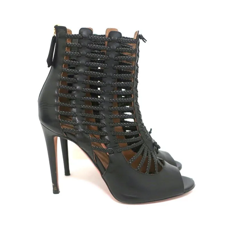 Aquazzura Cage Boots Venus Black Braided Leather Size 39 Open Toe Ankle Boots