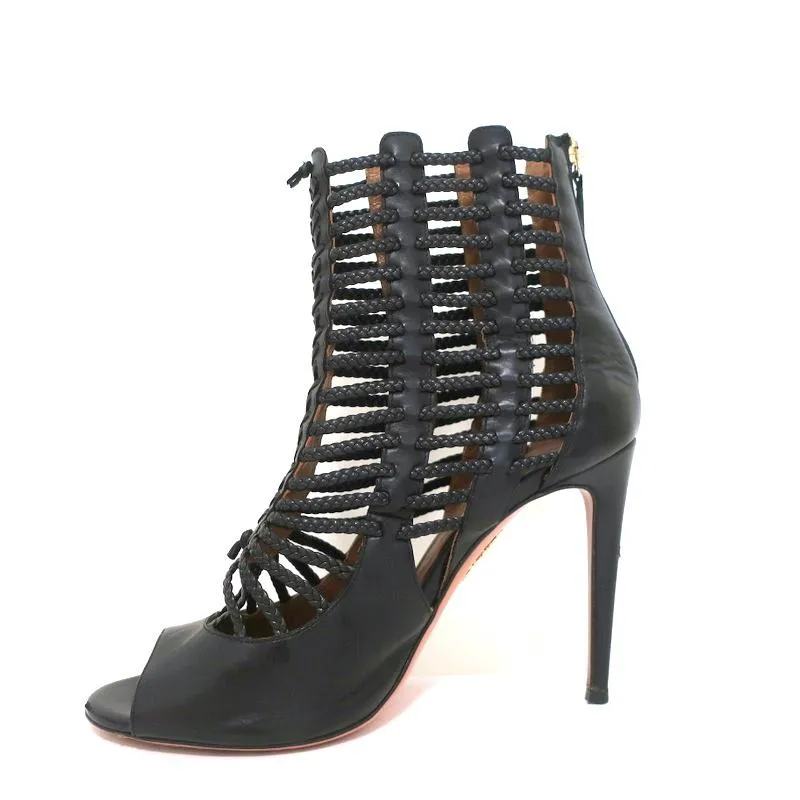 Aquazzura Cage Boots Venus Black Braided Leather Size 39 Open Toe Ankle Boots