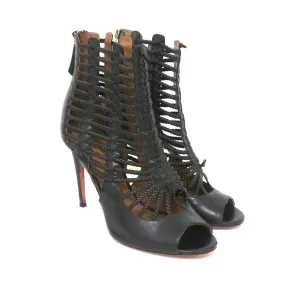 Aquazzura Cage Boots Venus Black Braided Leather Size 39 Open Toe Ankle Boots