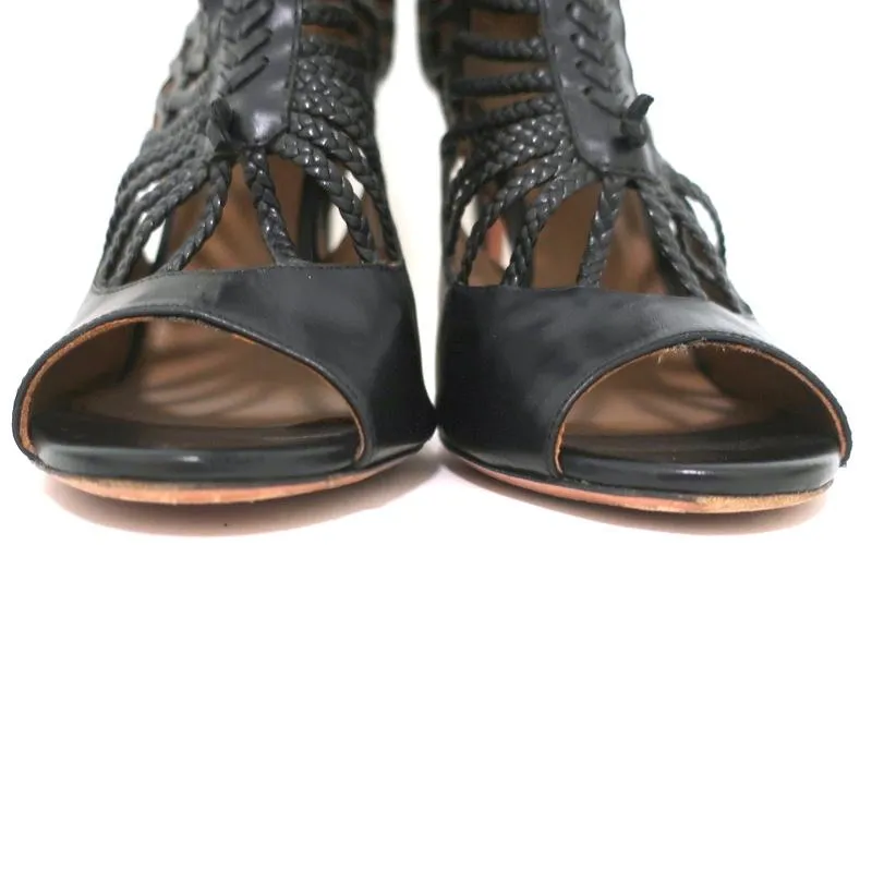 Aquazzura Cage Boots Venus Black Braided Leather Size 39 Open Toe Ankle Boots
