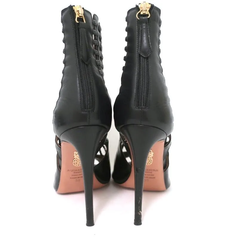 Aquazzura Cage Boots Venus Black Braided Leather Size 39 Open Toe Ankle Boots