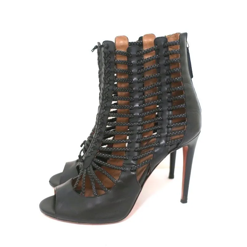 Aquazzura Cage Boots Venus Black Braided Leather Size 39 Open Toe Ankle Boots