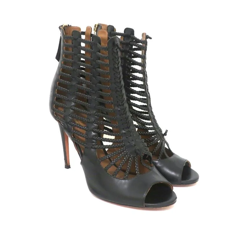 Aquazzura Cage Boots Venus Black Braided Leather Size 39 Open Toe Ankle Boots