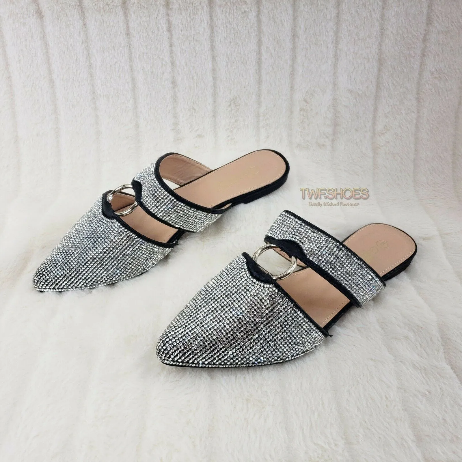 Bella Black Iridescent Rhinestone Slip On Smoking Summer Flats Mule Sandals 6-10
