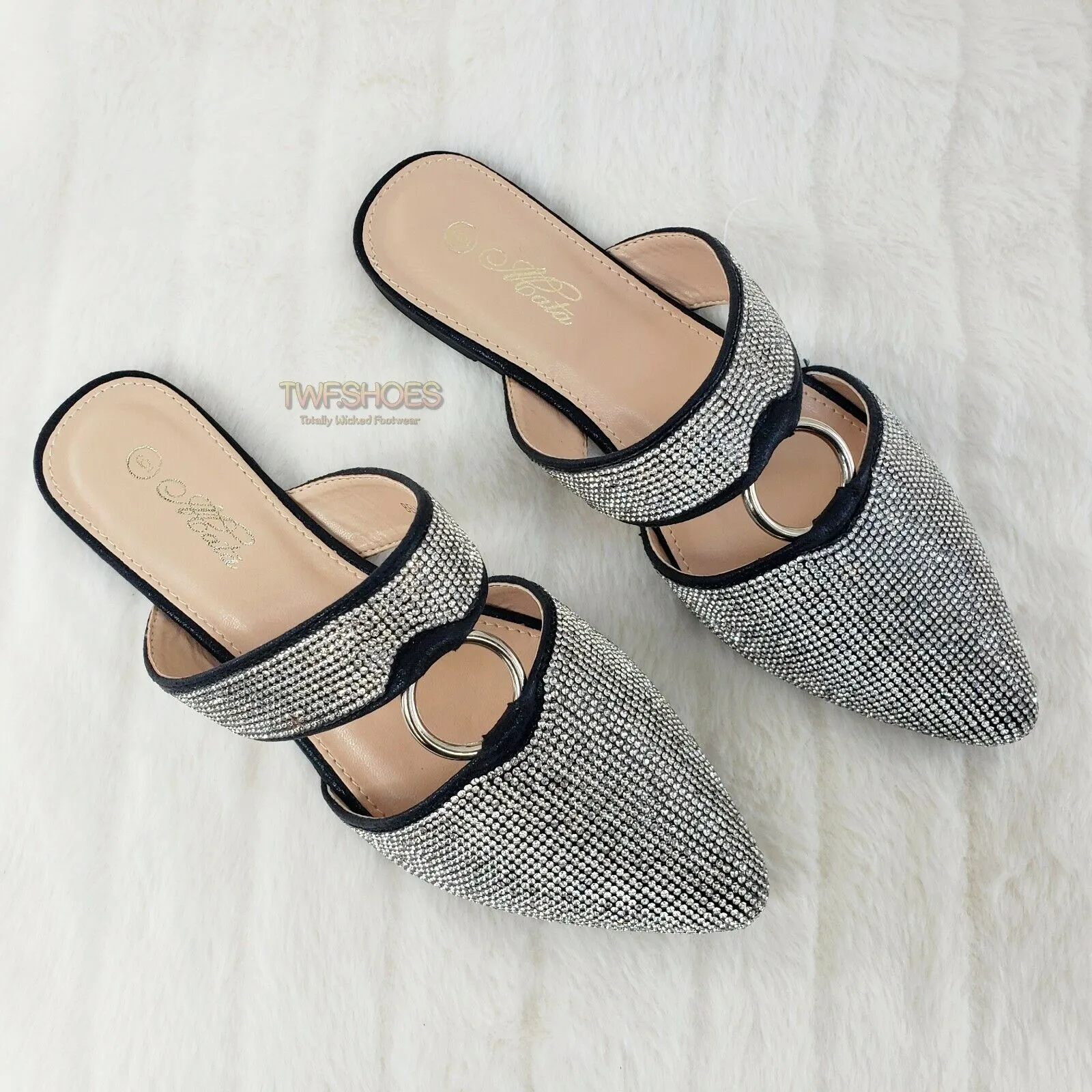 Bella Black Iridescent Rhinestone Slip On Smoking Summer Flats Mule Sandals 6-10