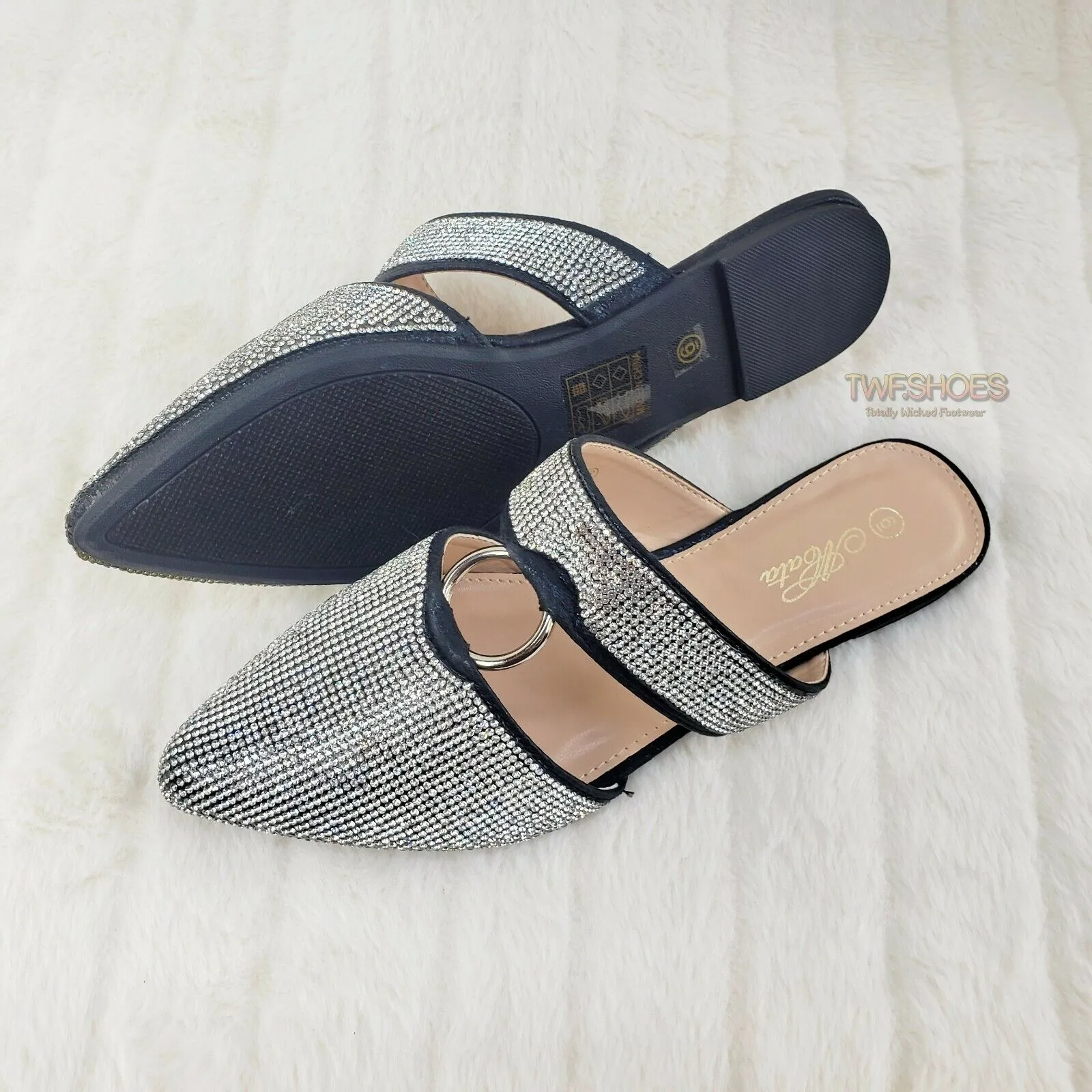 Bella Black Iridescent Rhinestone Slip On Smoking Summer Flats Mule Sandals 6-10