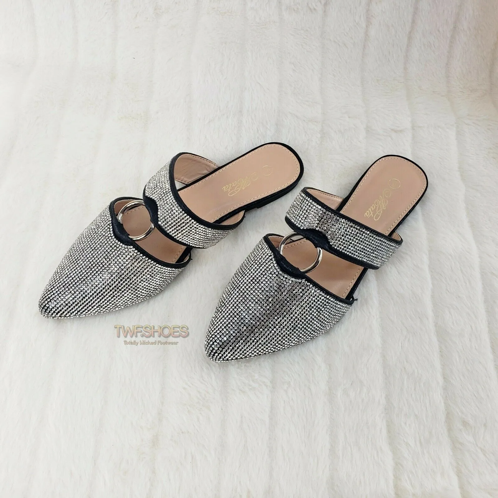 Bella Black Iridescent Rhinestone Slip On Smoking Summer Flats Mule Sandals 6-10