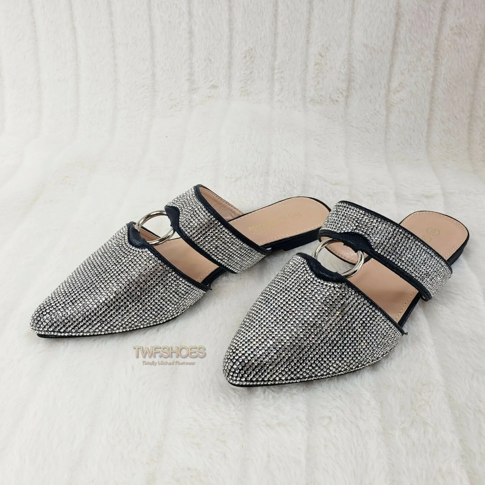 Bella Black Iridescent Rhinestone Slip On Smoking Summer Flats Mule Sandals 6-10