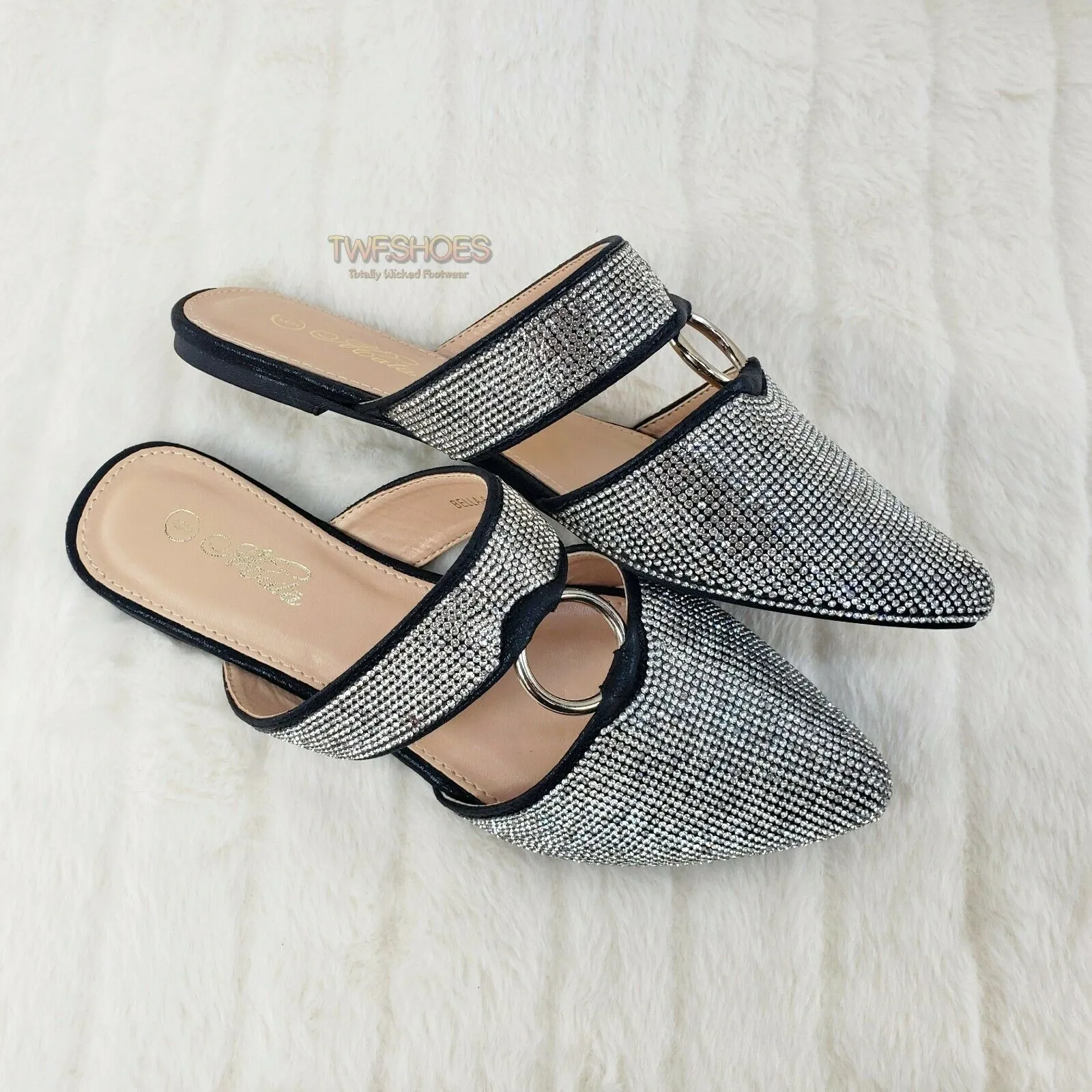 Bella Black Iridescent Rhinestone Slip On Smoking Summer Flats Mule Sandals 6-10