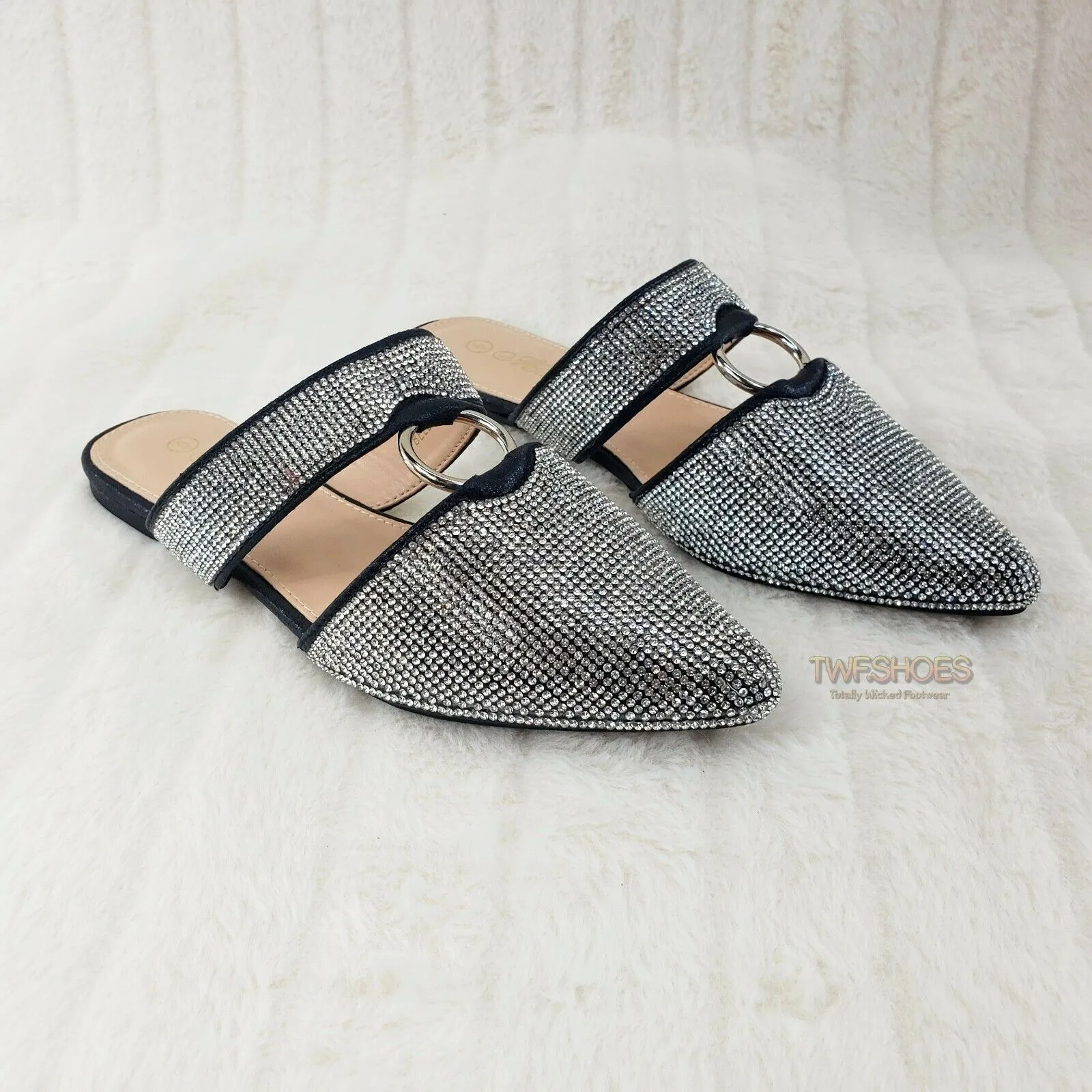 Bella Black Iridescent Rhinestone Slip On Smoking Summer Flats Mule Sandals 6-10