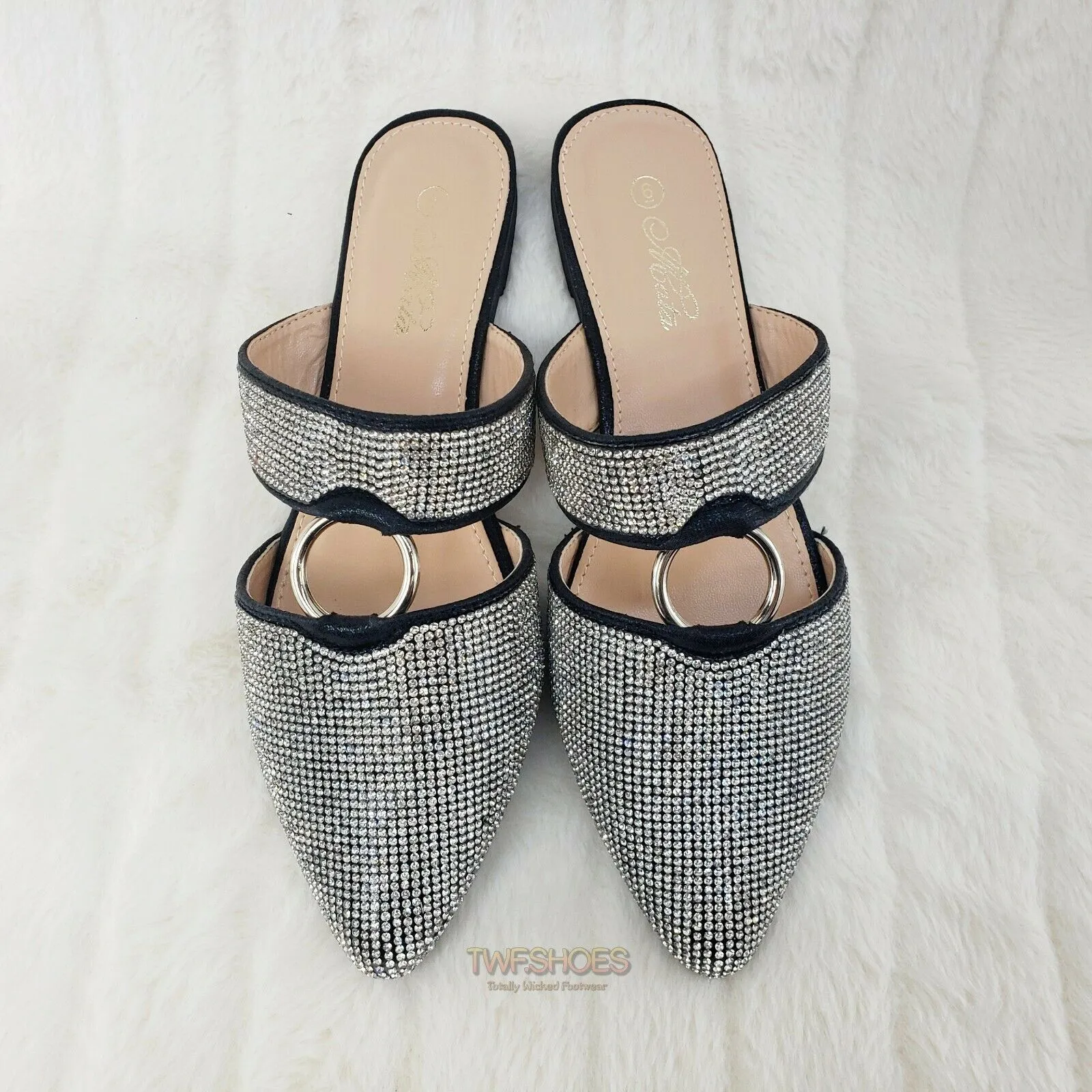 Bella Black Iridescent Rhinestone Slip On Smoking Summer Flats Mule Sandals 6-10