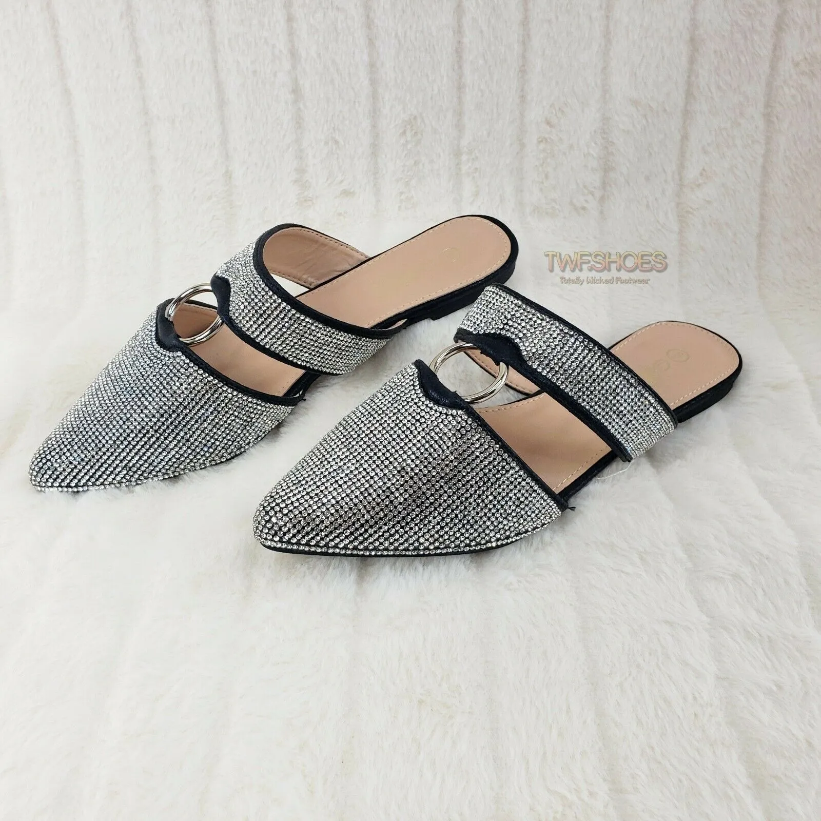 Bella Black Iridescent Rhinestone Slip On Smoking Summer Flats Mule Sandals 6-10