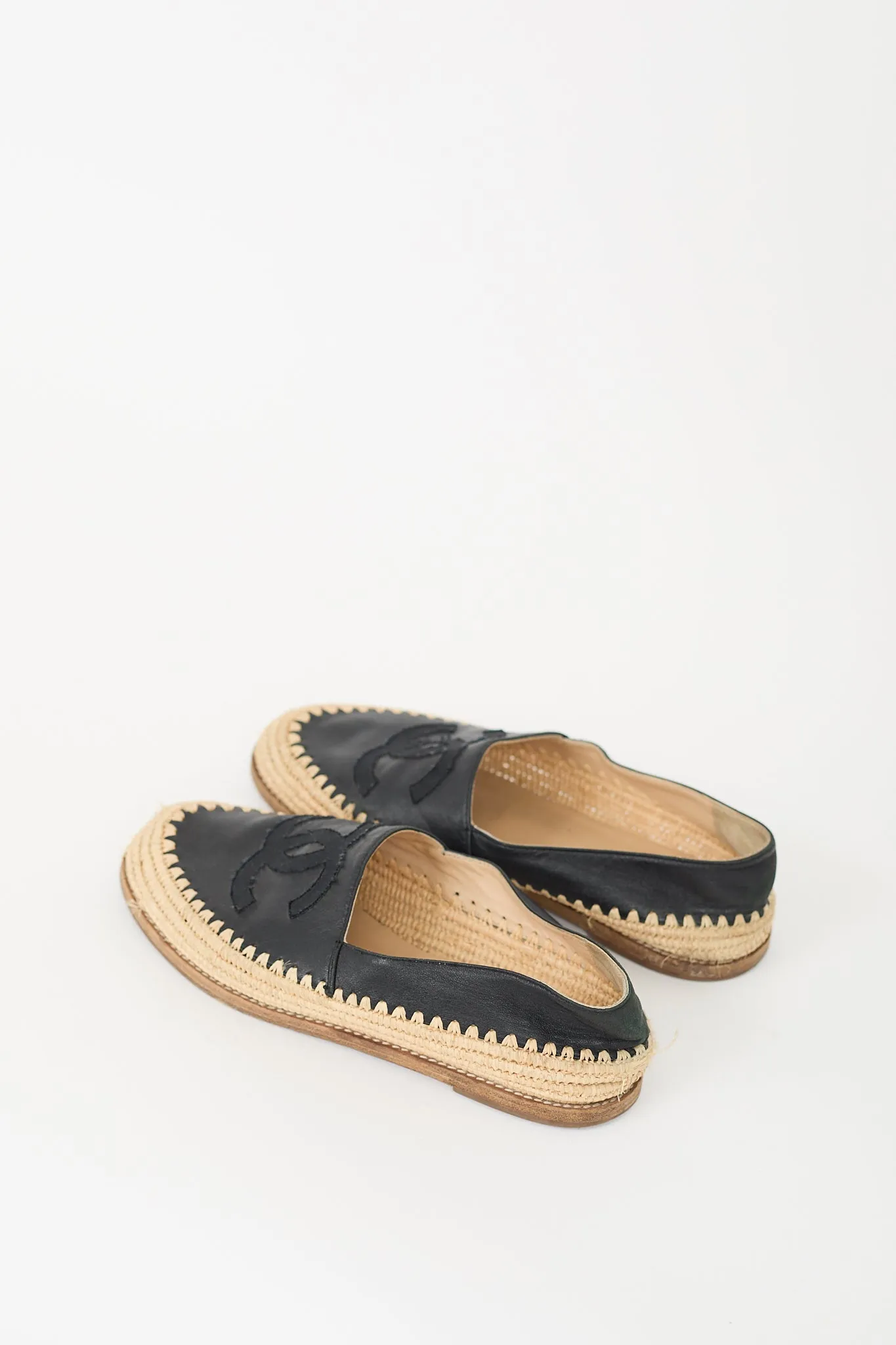 Black Leather CC Logo Espadrille