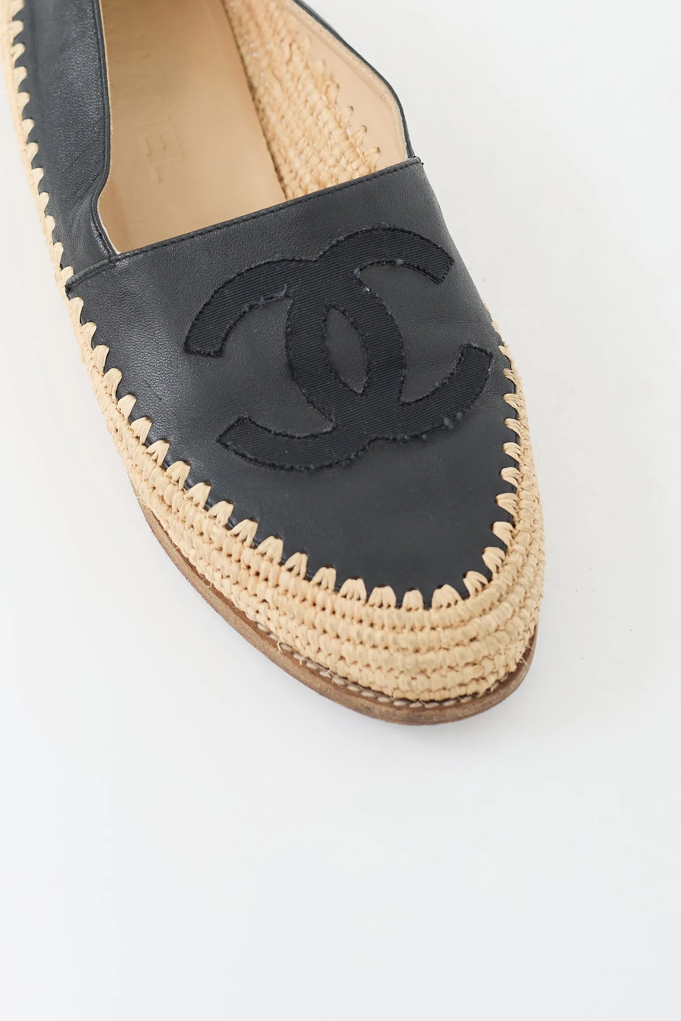Black Leather CC Logo Espadrille