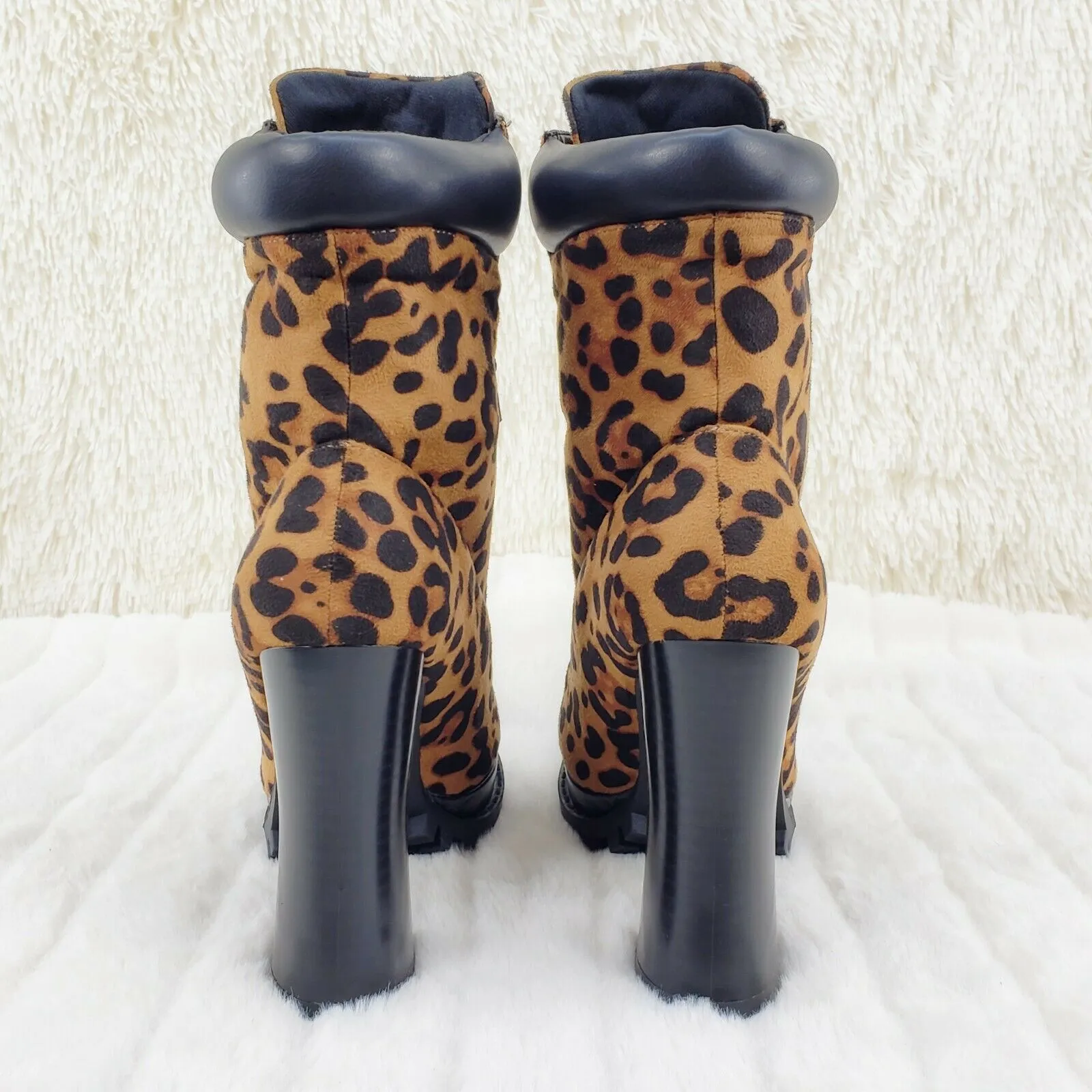 CR Nellie Lace Up Ankle Boots 4.5" Wood Grain Chunky Flared Block Heels Leopard