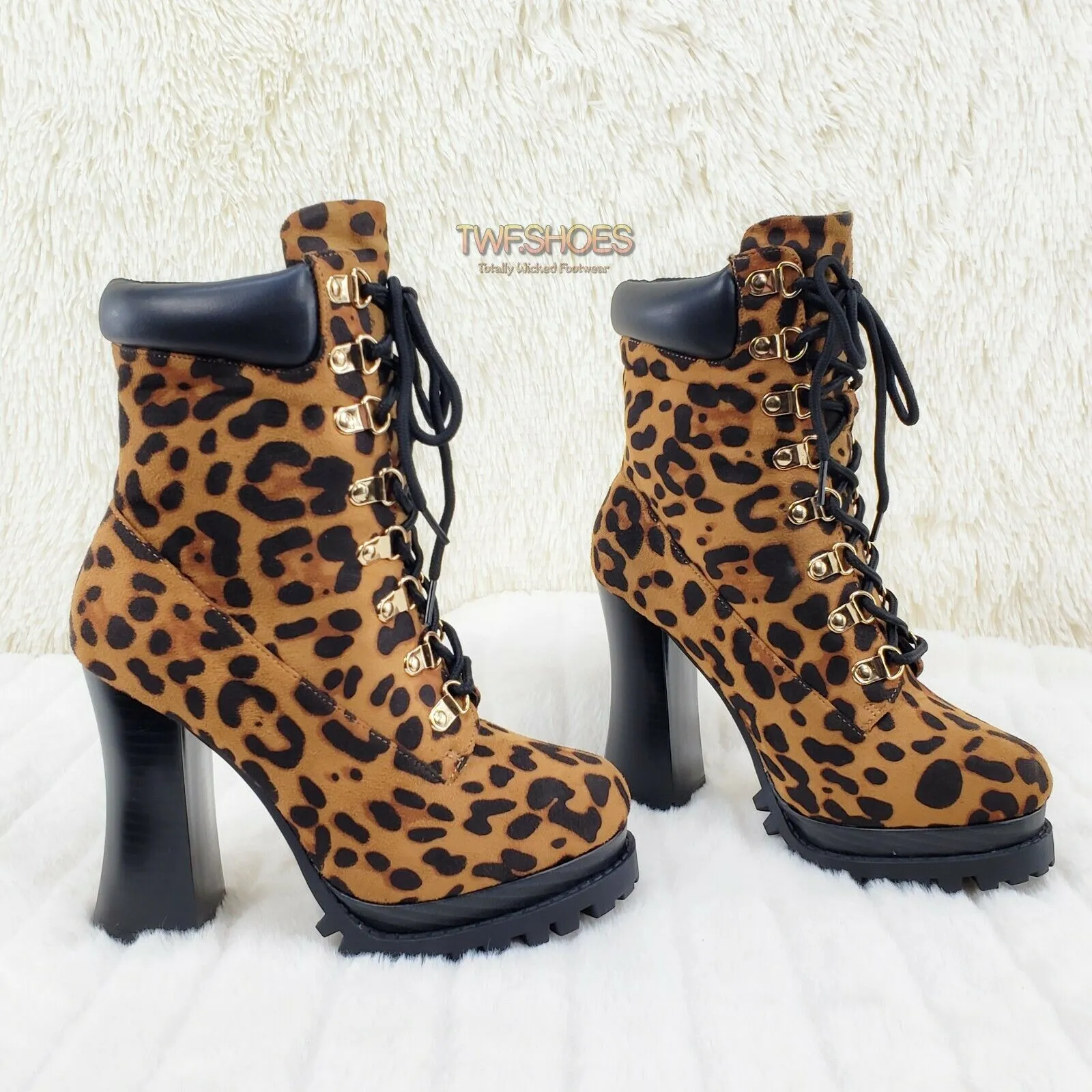 CR Nellie Lace Up Ankle Boots 4.5" Wood Grain Chunky Flared Block Heels Leopard