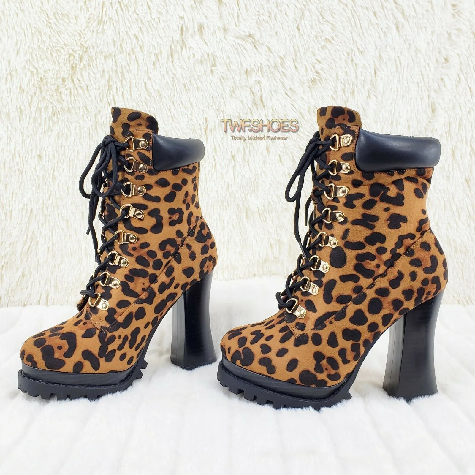 CR Nellie Lace Up Ankle Boots 4.5" Wood Grain Chunky Flared Block Heels Leopard