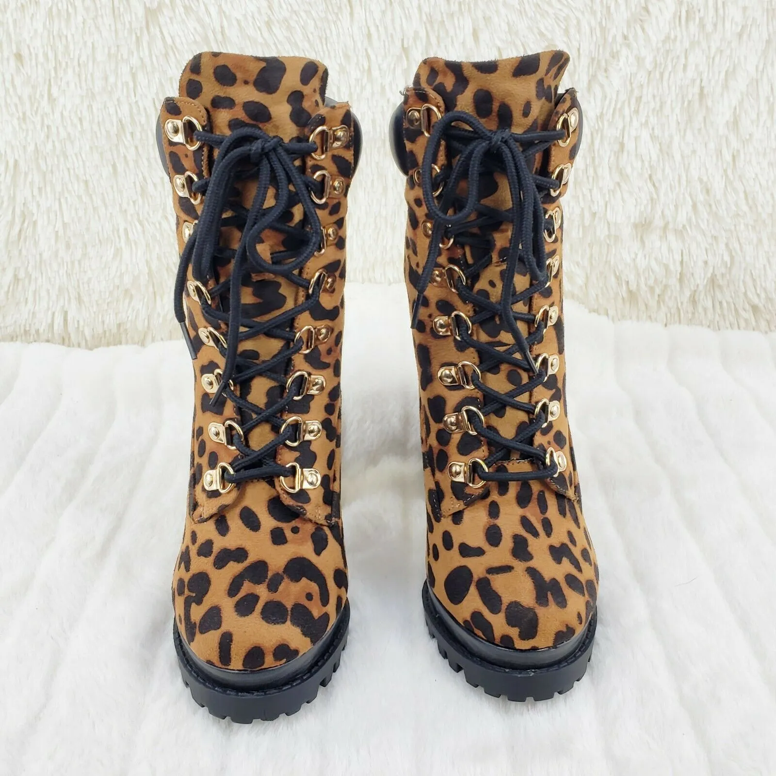 CR Nellie Lace Up Ankle Boots 4.5" Wood Grain Chunky Flared Block Heels Leopard