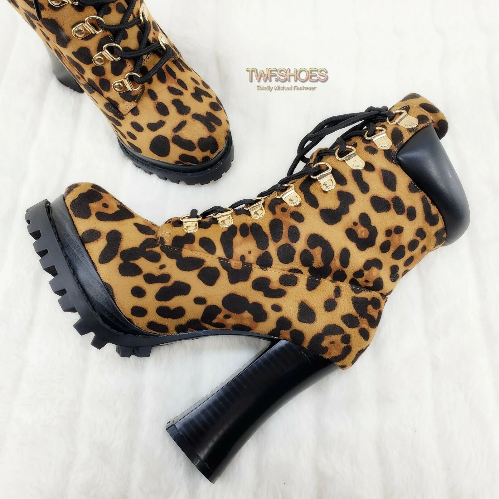 CR Nellie Lace Up Ankle Boots 4.5" Wood Grain Chunky Flared Block Heels Leopard
