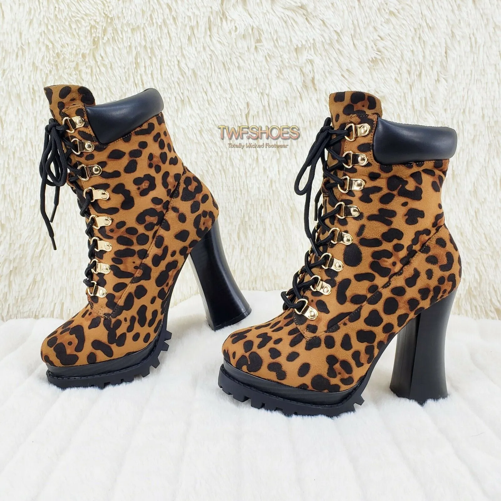CR Nellie Lace Up Ankle Boots 4.5" Wood Grain Chunky Flared Block Heels Leopard