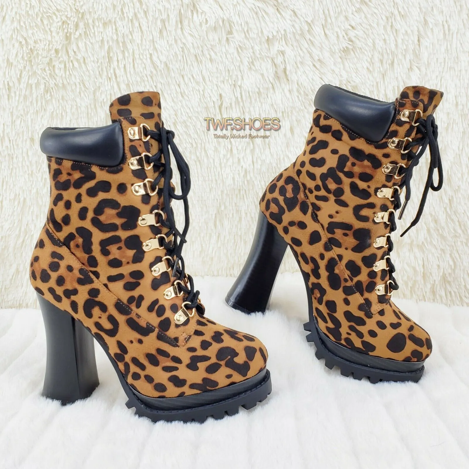 CR Nellie Lace Up Ankle Boots 4.5" Wood Grain Chunky Flared Block Heels Leopard