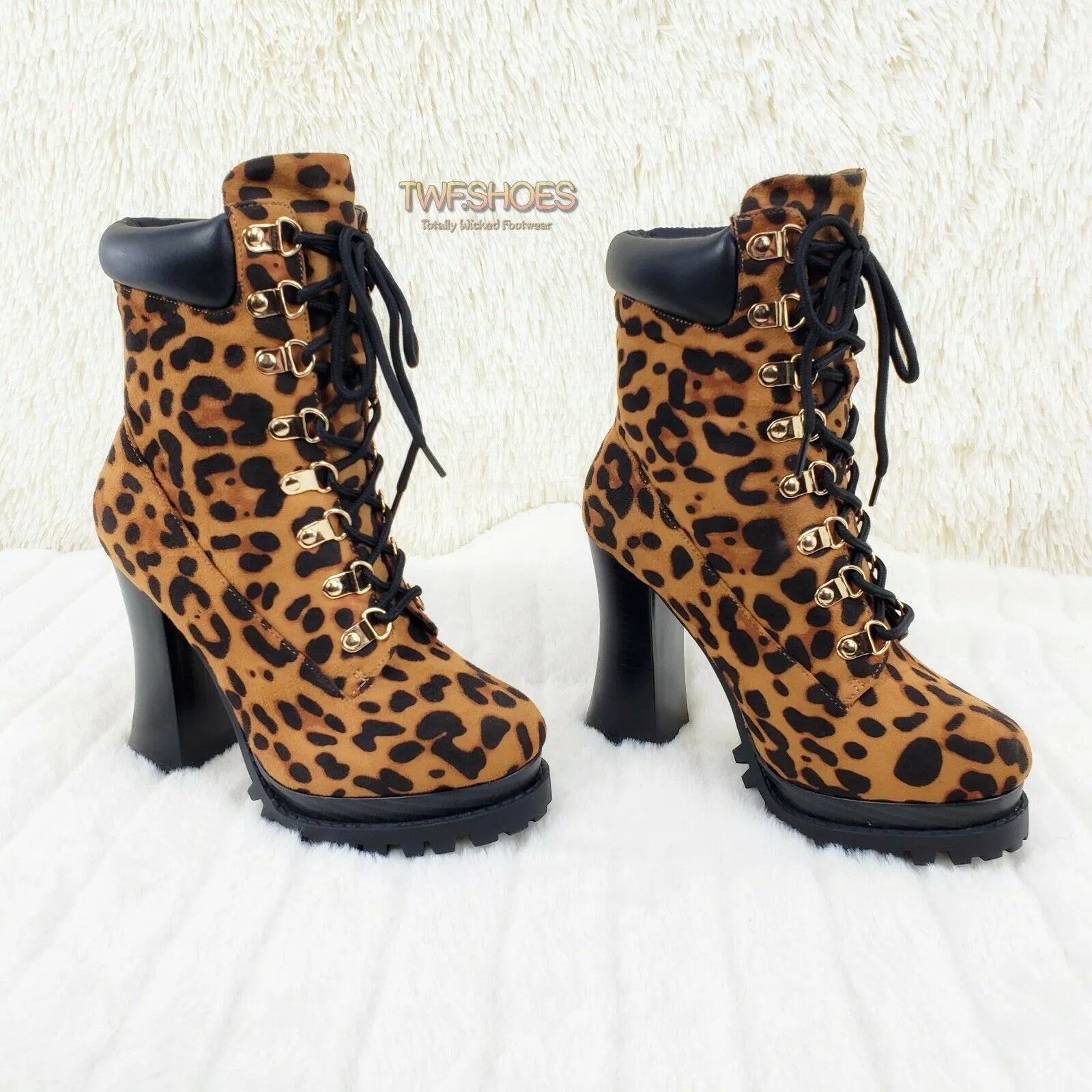 CR Nellie Lace Up Ankle Boots 4.5" Wood Grain Chunky Flared Block Heels Leopard