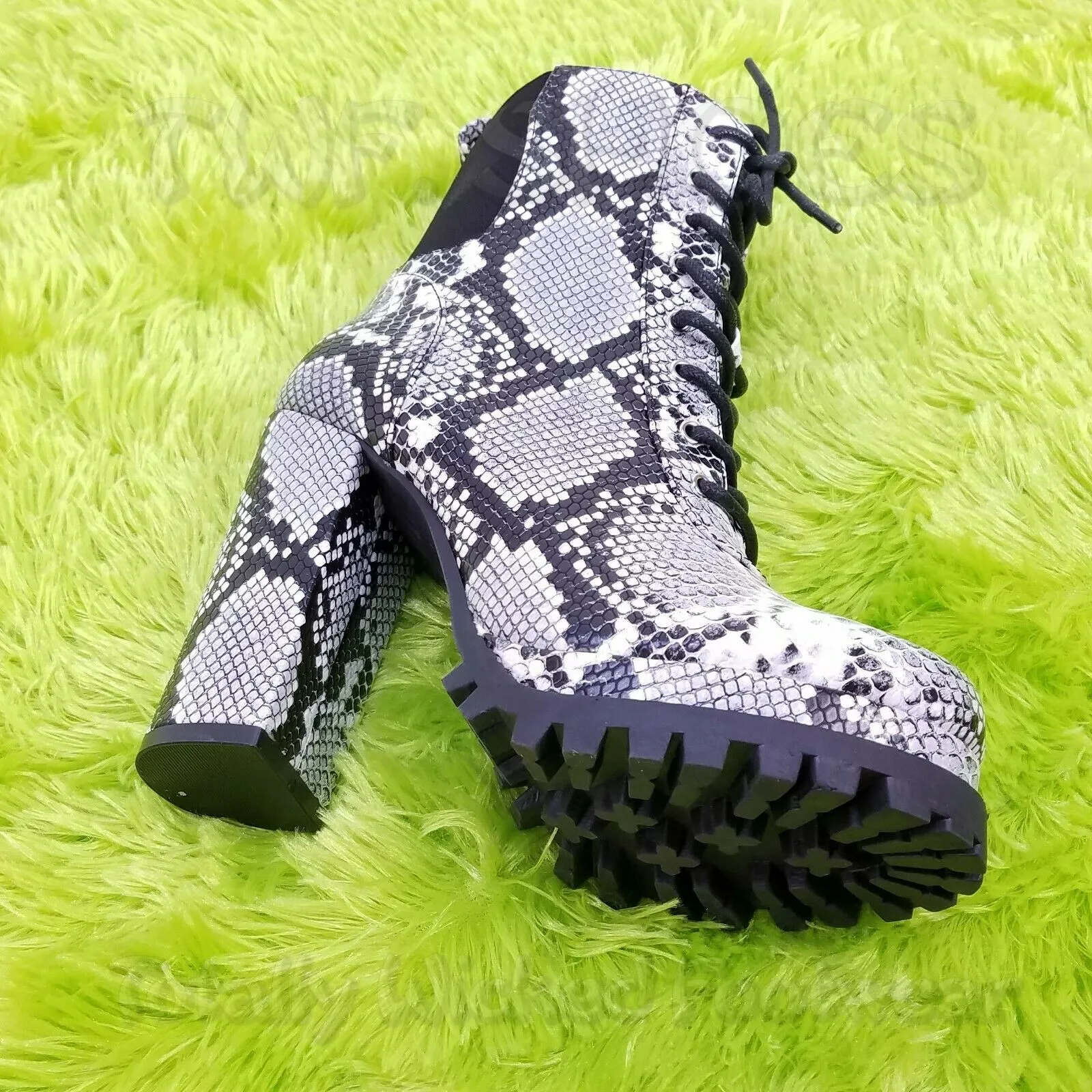 CR Winnie Lace Up Ankle Boots 4.5"  Chunky Block Heels 6 -11 Black Snake