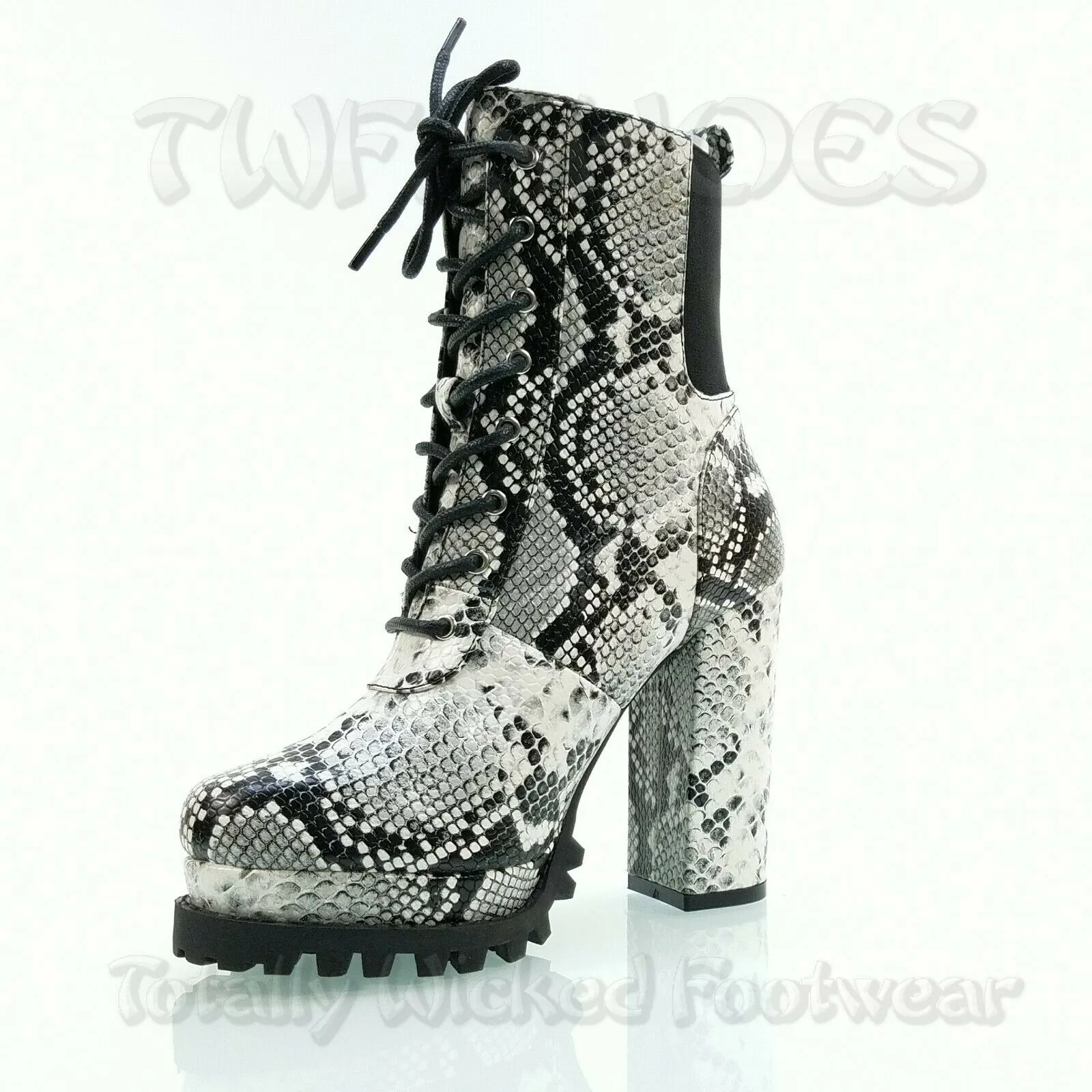 CR Winnie Lace Up Ankle Boots 4.5"  Chunky Block Heels 6 -11 Black Snake