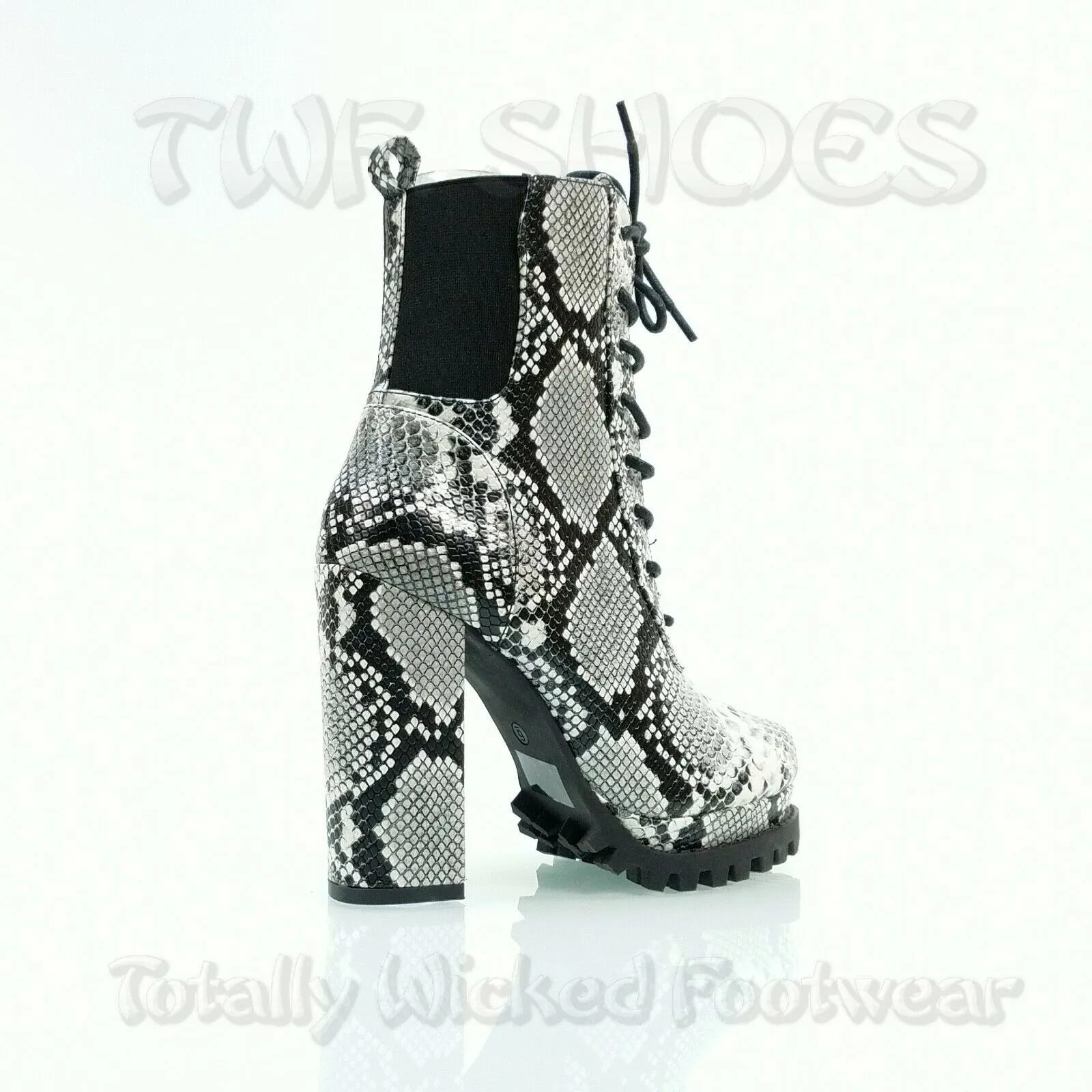 CR Winnie Lace Up Ankle Boots 4.5"  Chunky Block Heels 6 -11 Black Snake