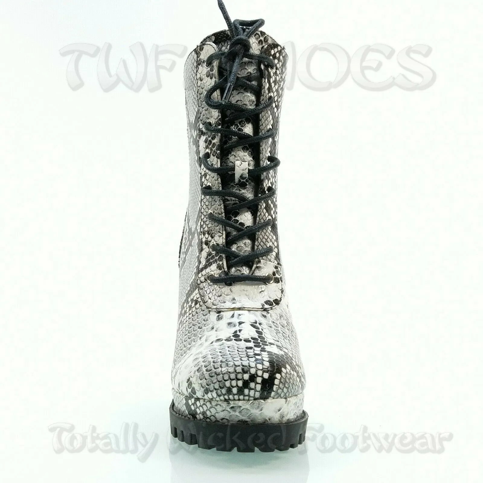CR Winnie Lace Up Ankle Boots 4.5"  Chunky Block Heels 6 -11 Black Snake