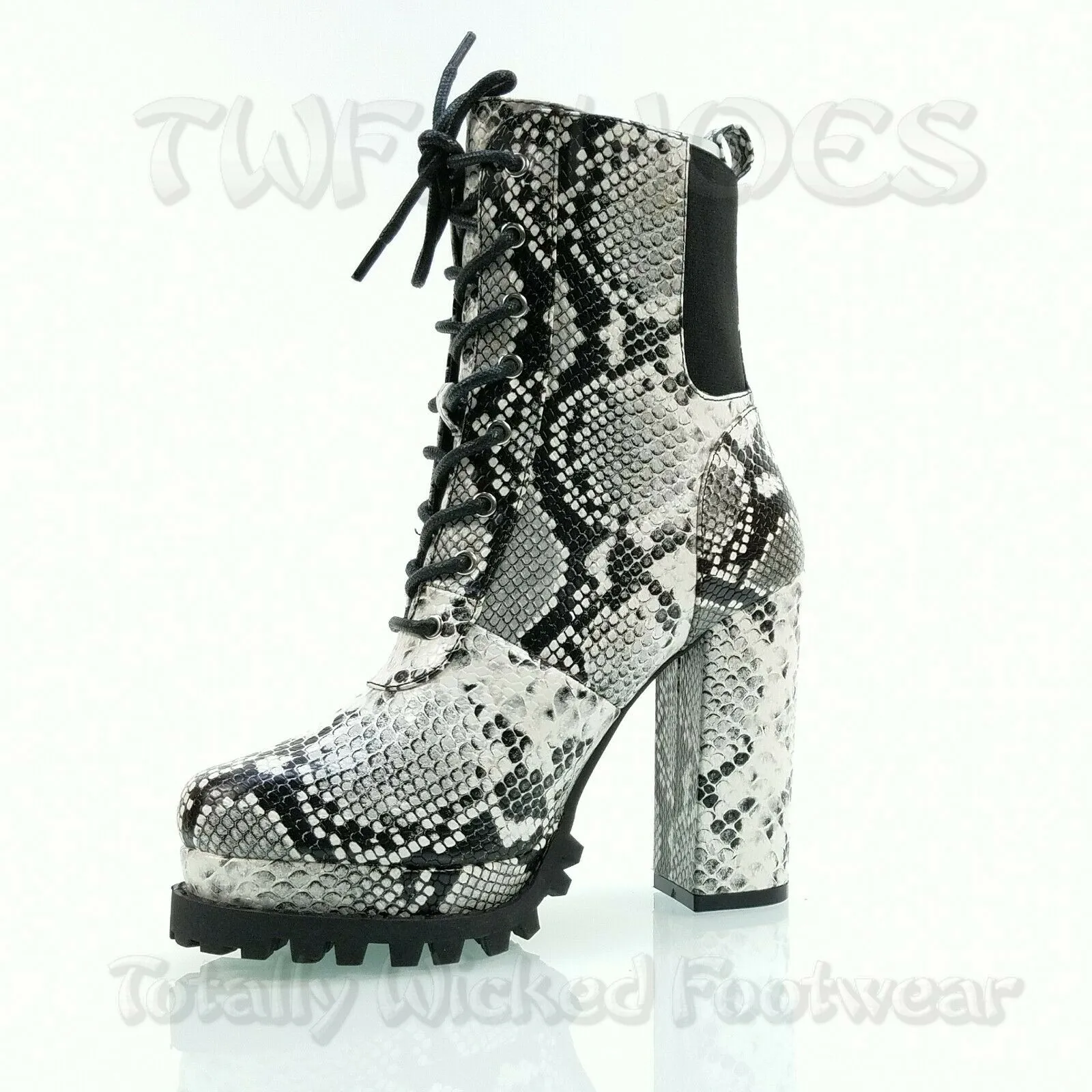 CR Winnie Lace Up Ankle Boots 4.5"  Chunky Block Heels 6 -11 Black Snake