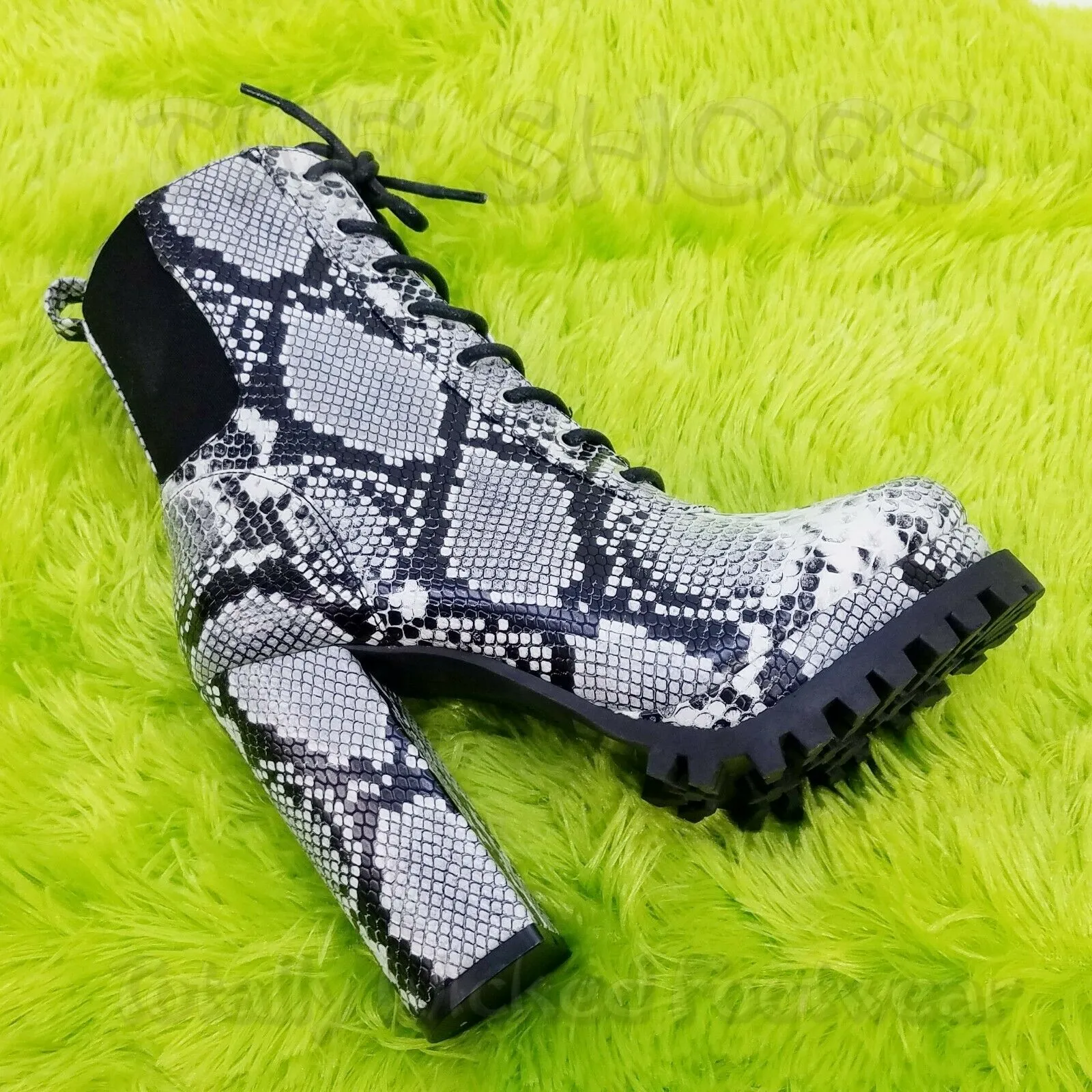 CR Winnie Lace Up Ankle Boots 4.5"  Chunky Block Heels 6 -11 Black Snake