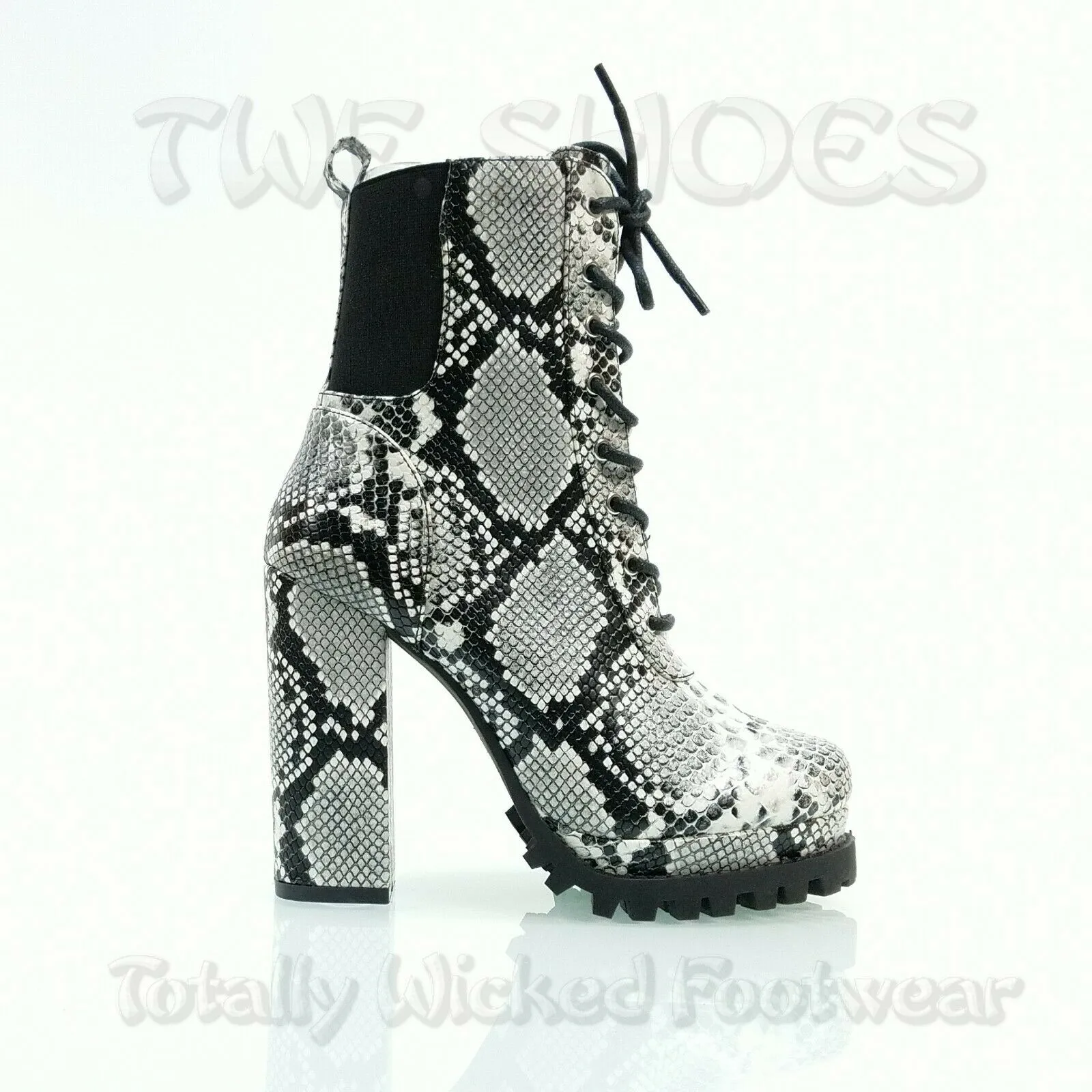 CR Winnie Lace Up Ankle Boots 4.5"  Chunky Block Heels 6 -11 Black Snake