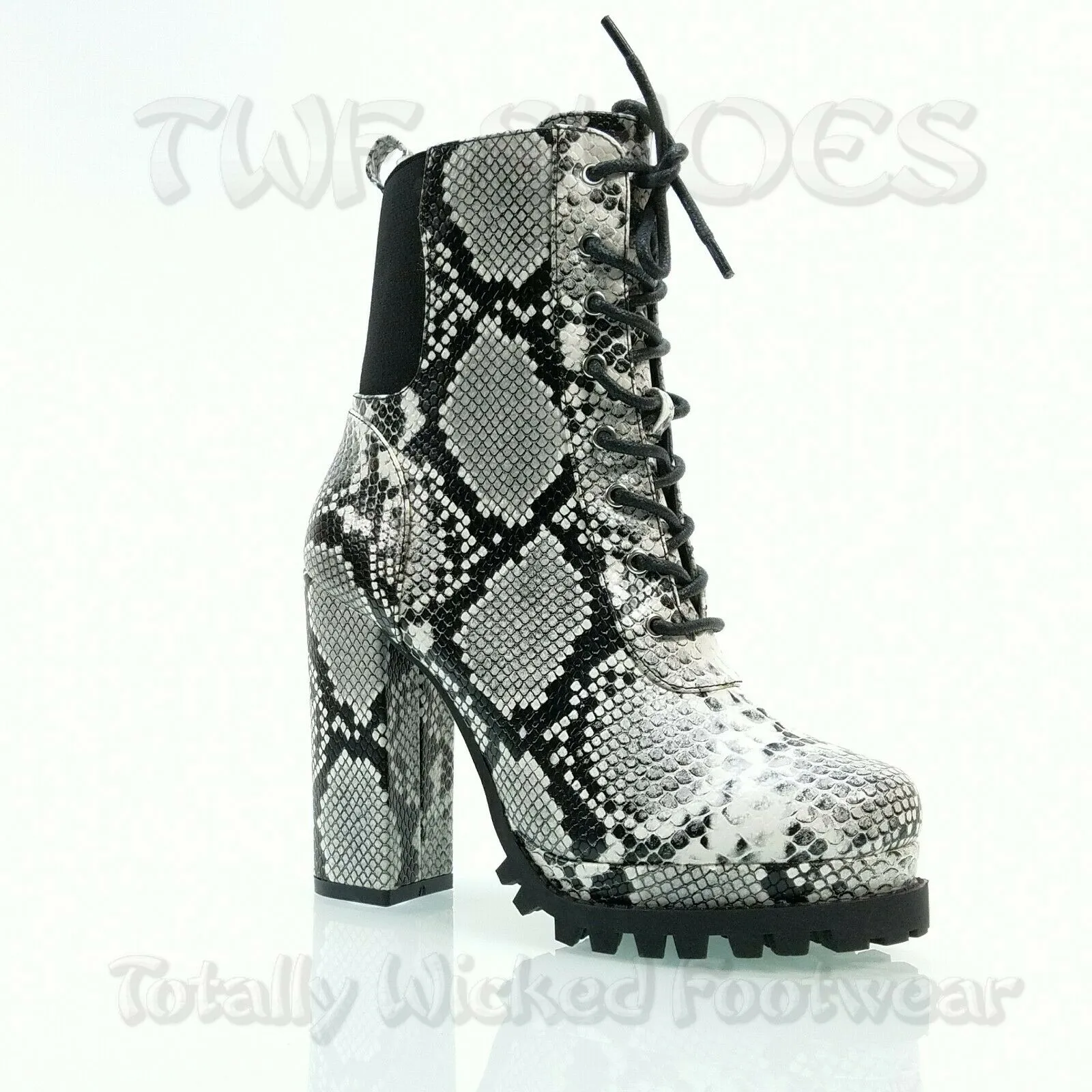 CR Winnie Lace Up Ankle Boots 4.5"  Chunky Block Heels 6 -11 Black Snake