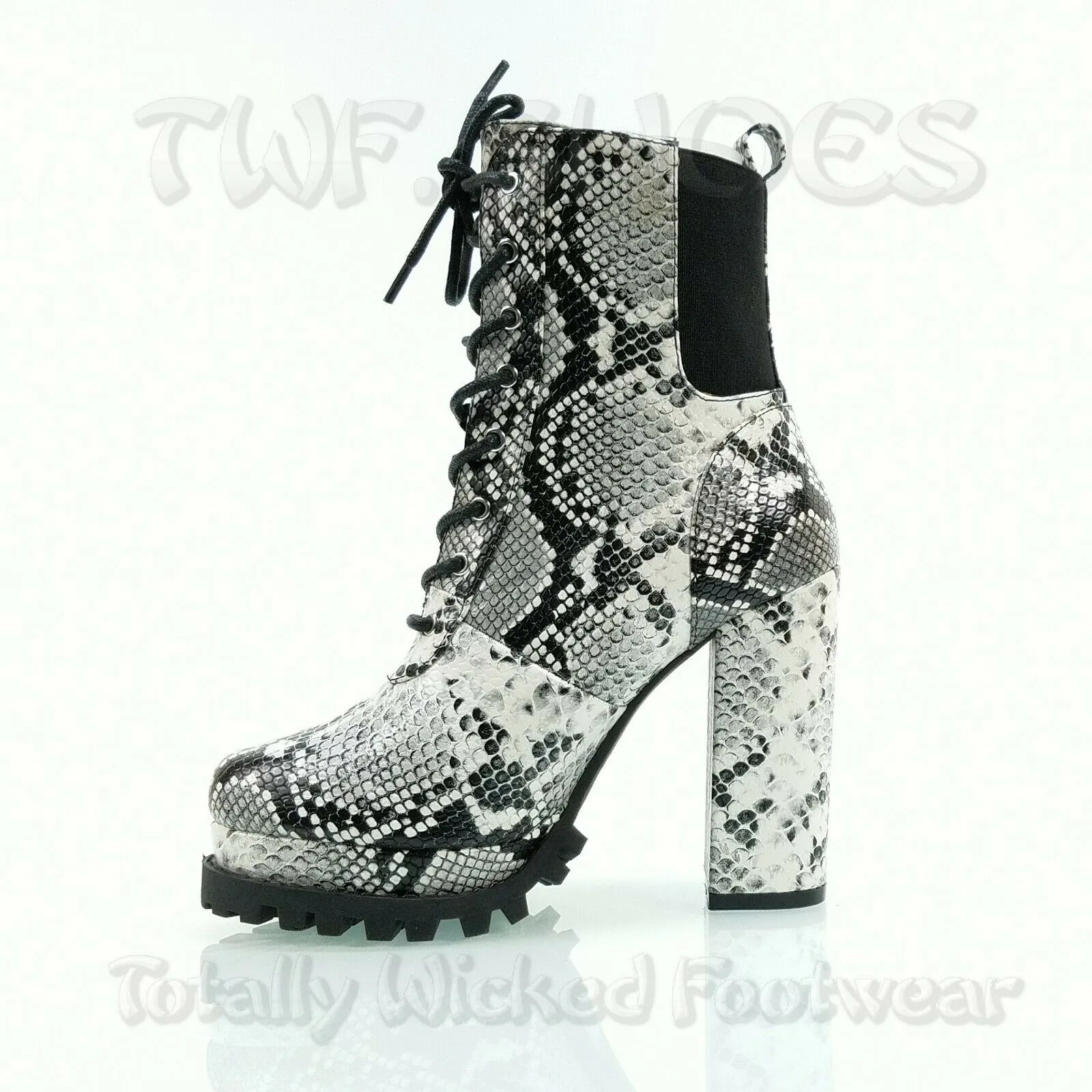 CR Winnie Lace Up Ankle Boots 4.5"  Chunky Block Heels 6 -11 Black Snake