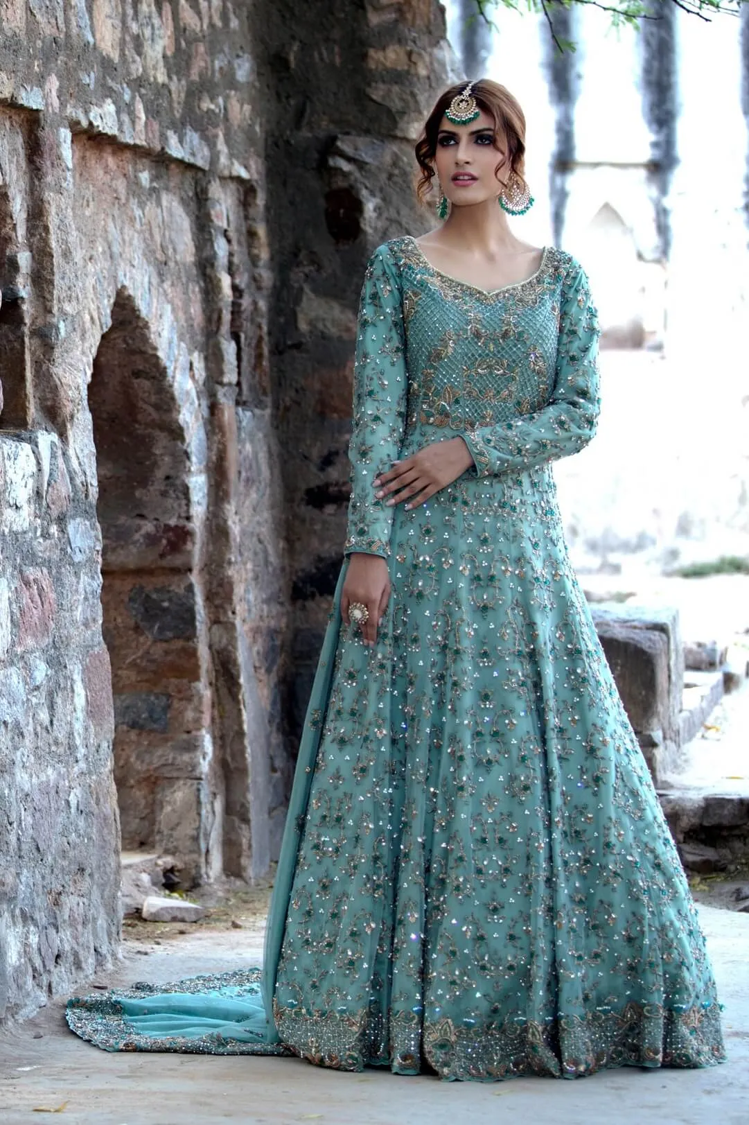 Dark Mint Maxi Dress with Trail