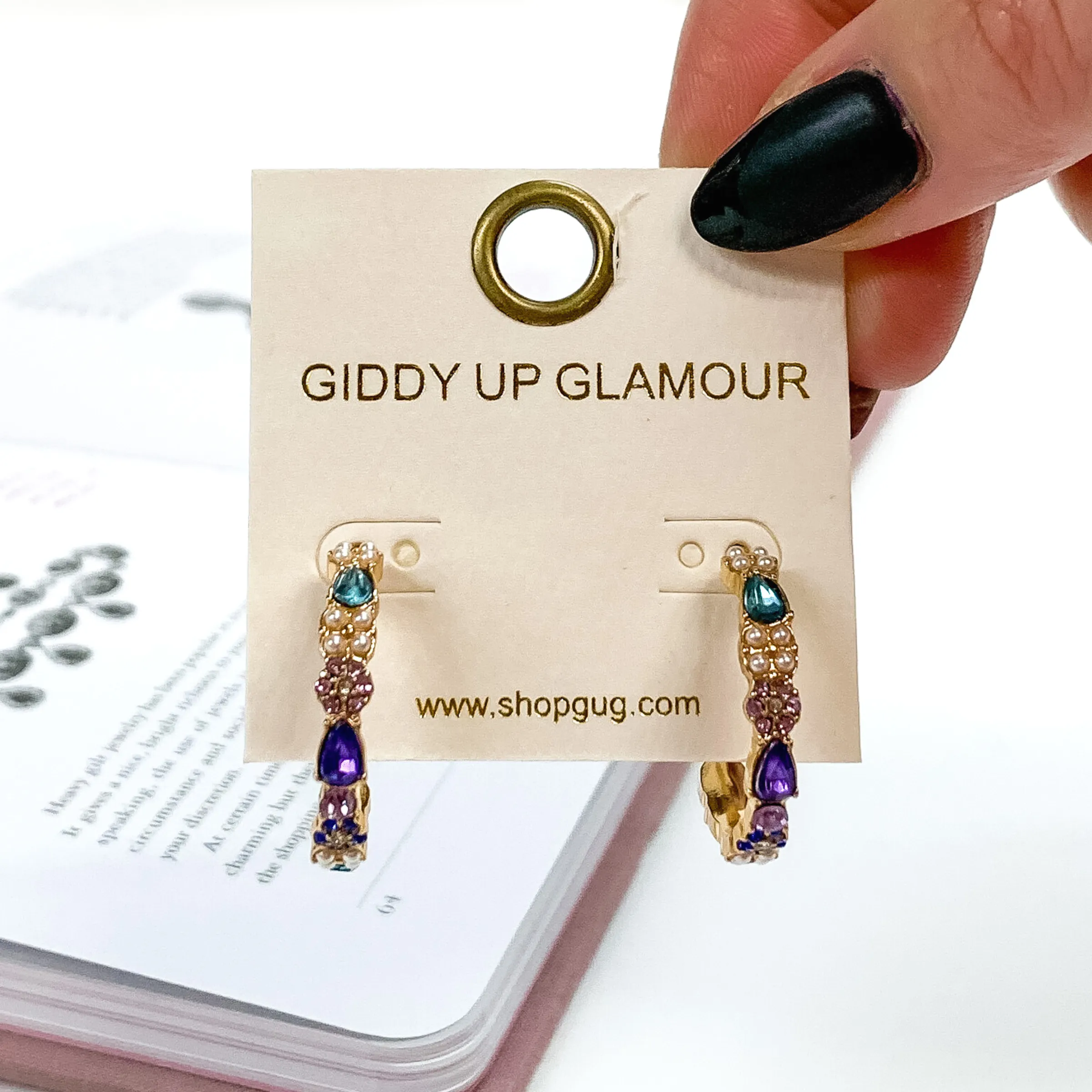 Gold Tone Hoop Earrings with Purple and Blue Crystals