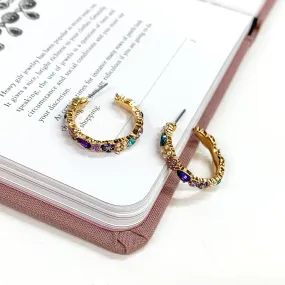 Gold Tone Hoop Earrings with Purple and Blue Crystals