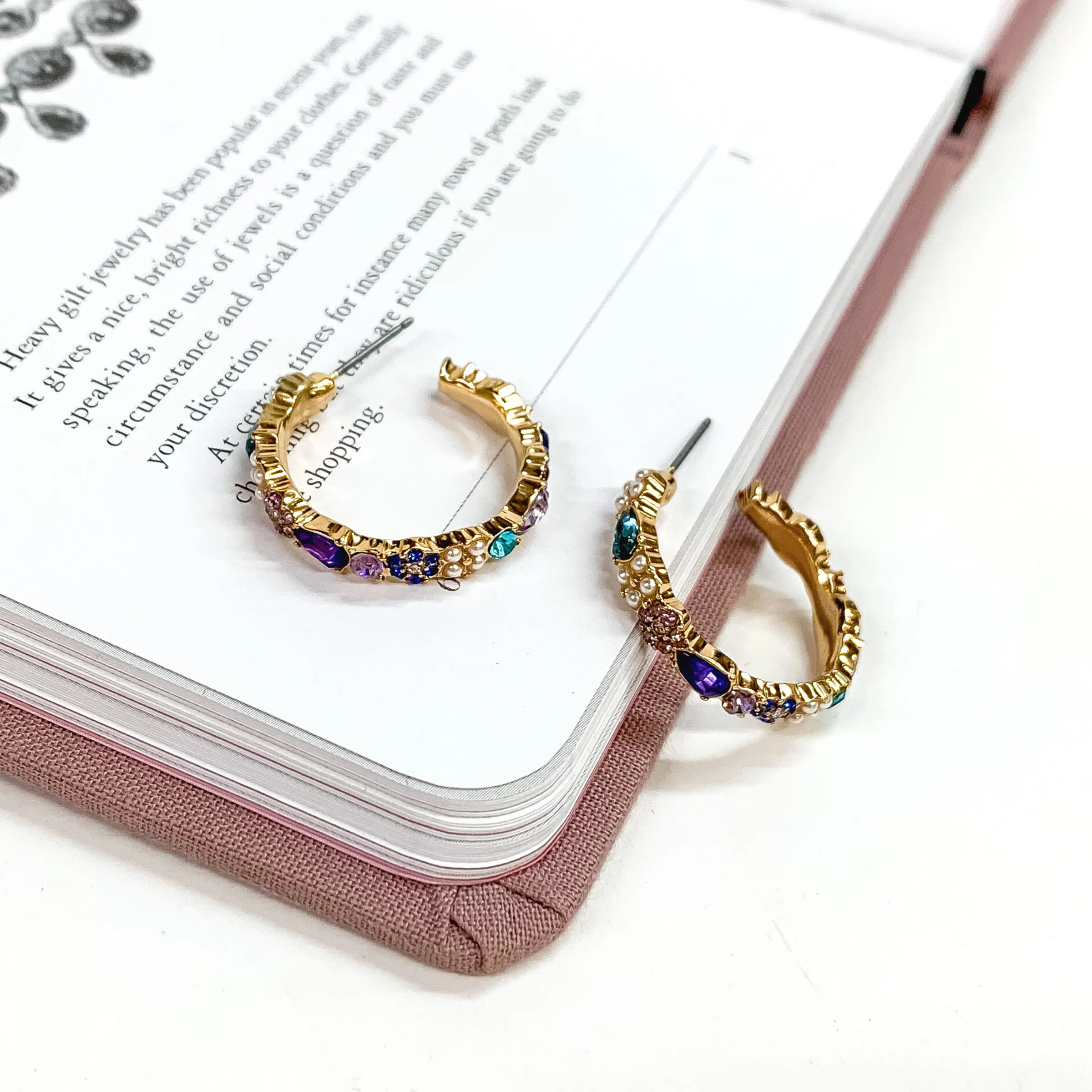 Gold Tone Hoop Earrings with Purple and Blue Crystals