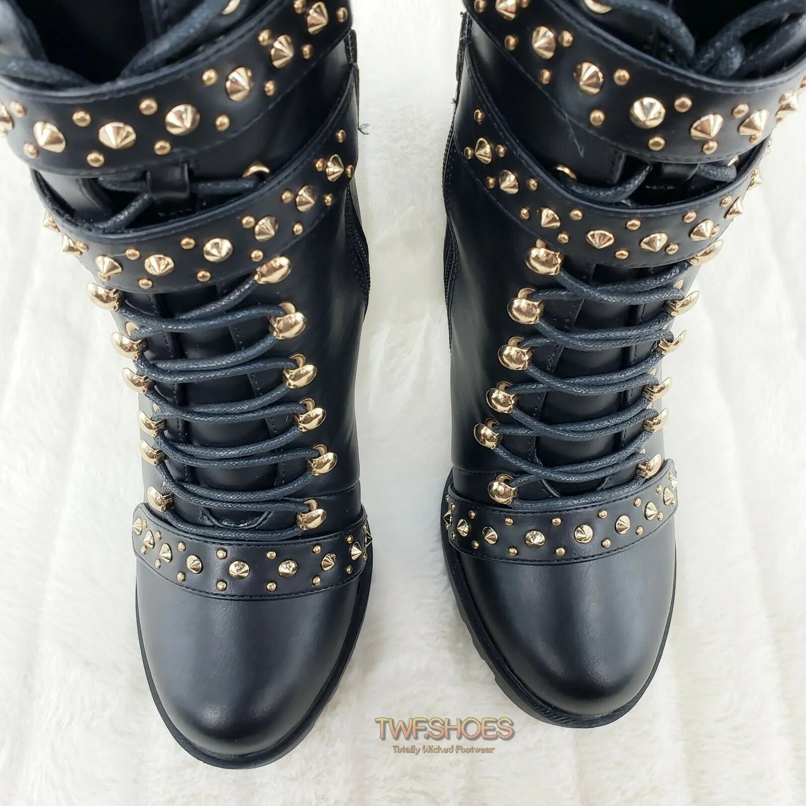 Hailey Lace Up Gold Studded Ankle Boots 4.5" Chunky Heels 6 -11 Black