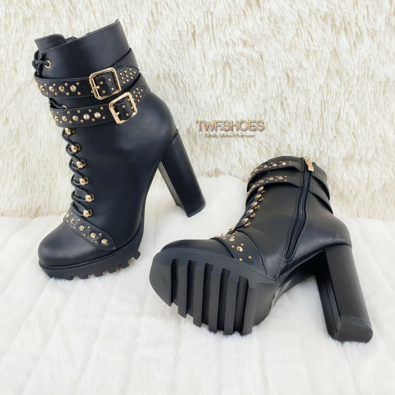 Hailey Lace Up Gold Studded Ankle Boots 4.5" Chunky Heels 6 -11 Black