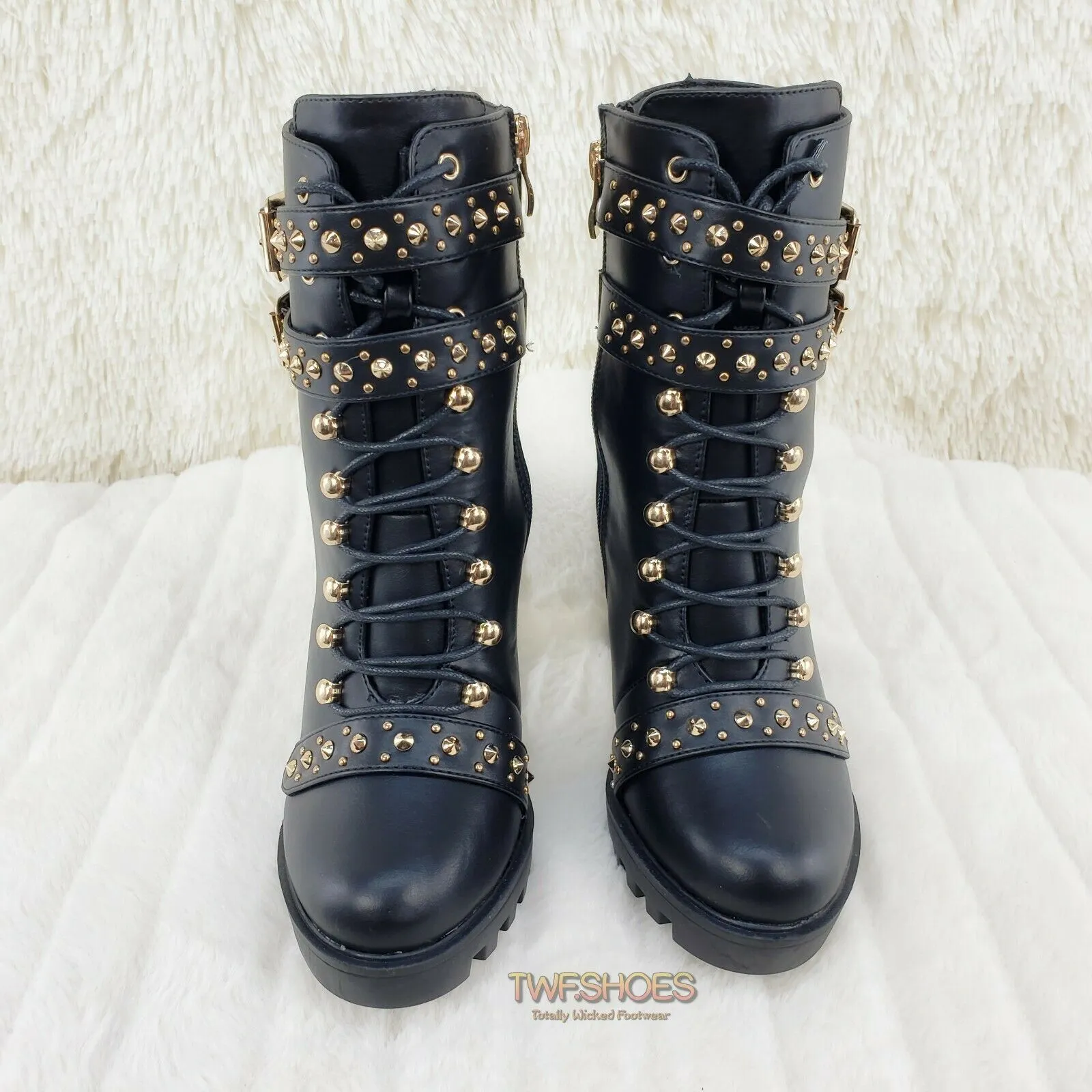 Hailey Lace Up Gold Studded Ankle Boots 4.5" Chunky Heels 6 -11 Black