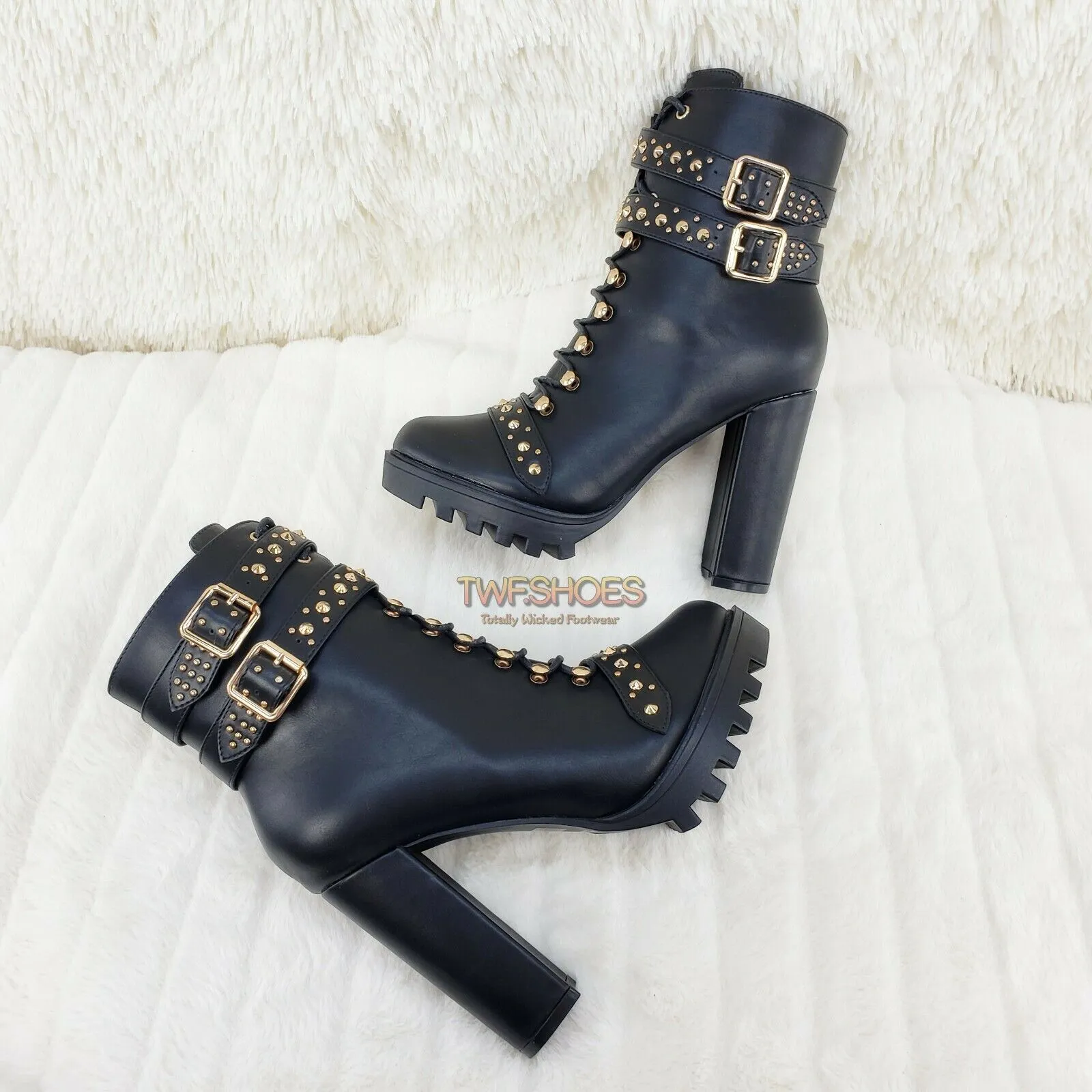 Hailey Lace Up Gold Studded Ankle Boots 4.5" Chunky Heels 6 -11 Black
