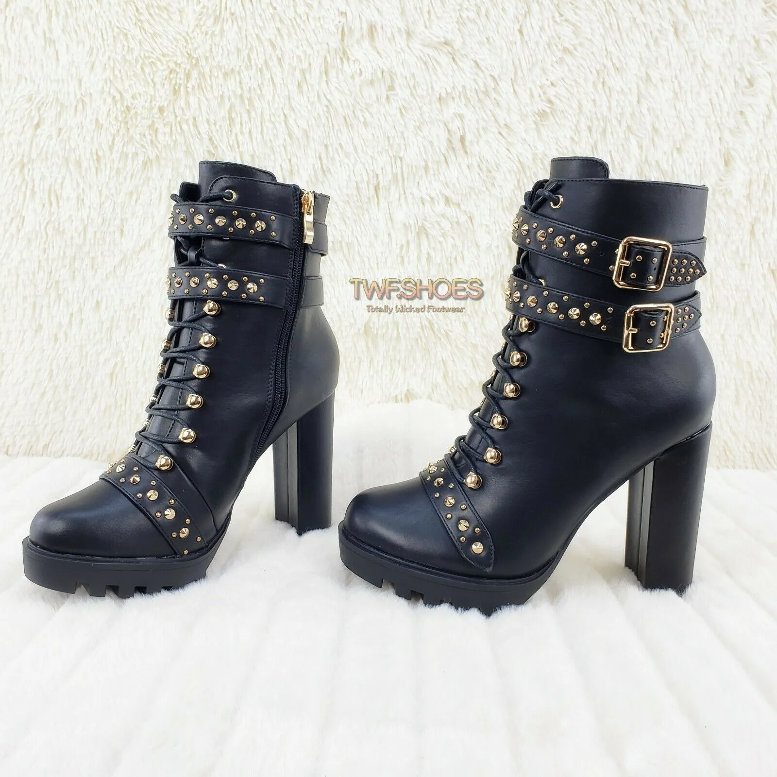 Hailey Lace Up Gold Studded Ankle Boots 4.5" Chunky Heels 6 -11 Black