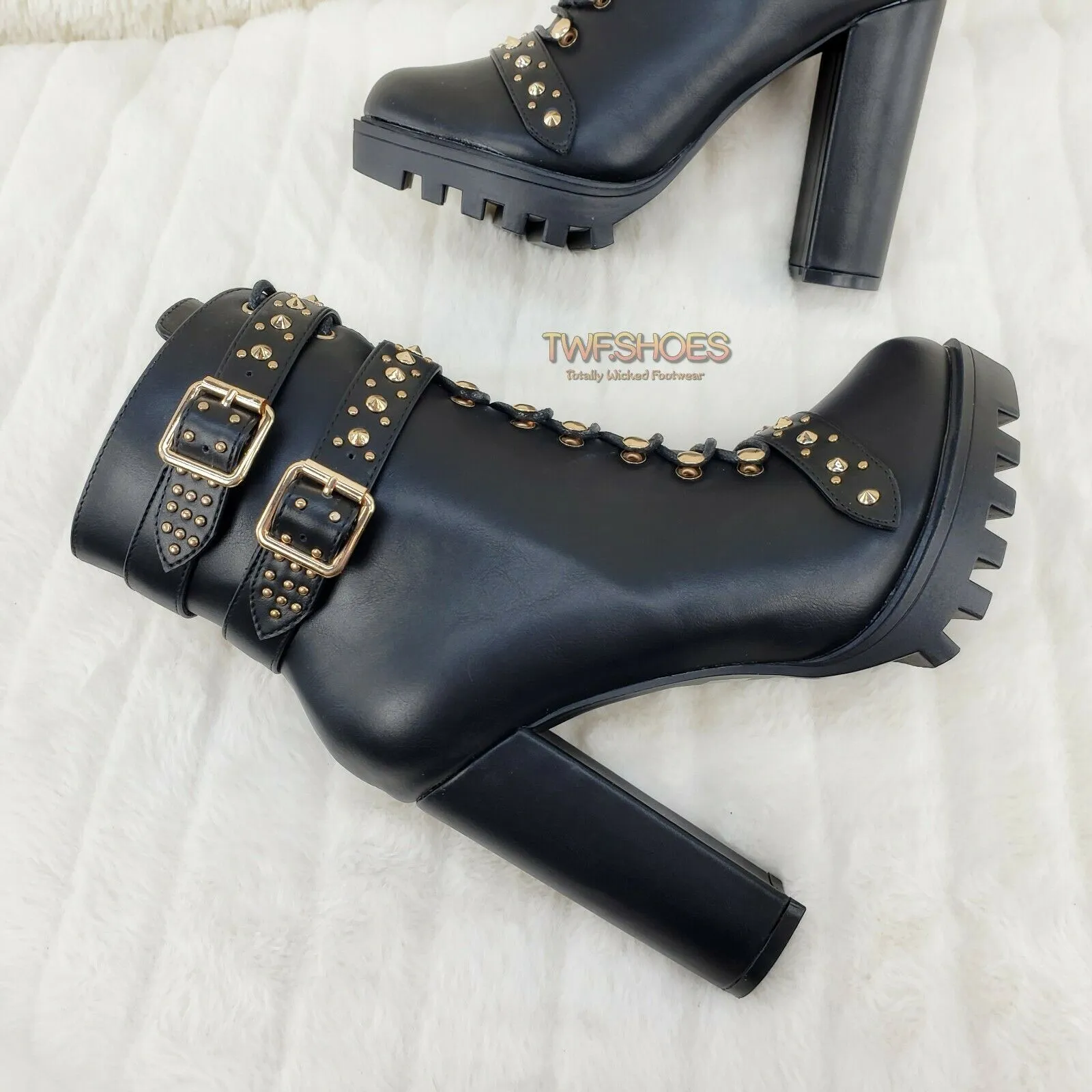 Hailey Lace Up Gold Studded Ankle Boots 4.5" Chunky Heels 6 -11 Black