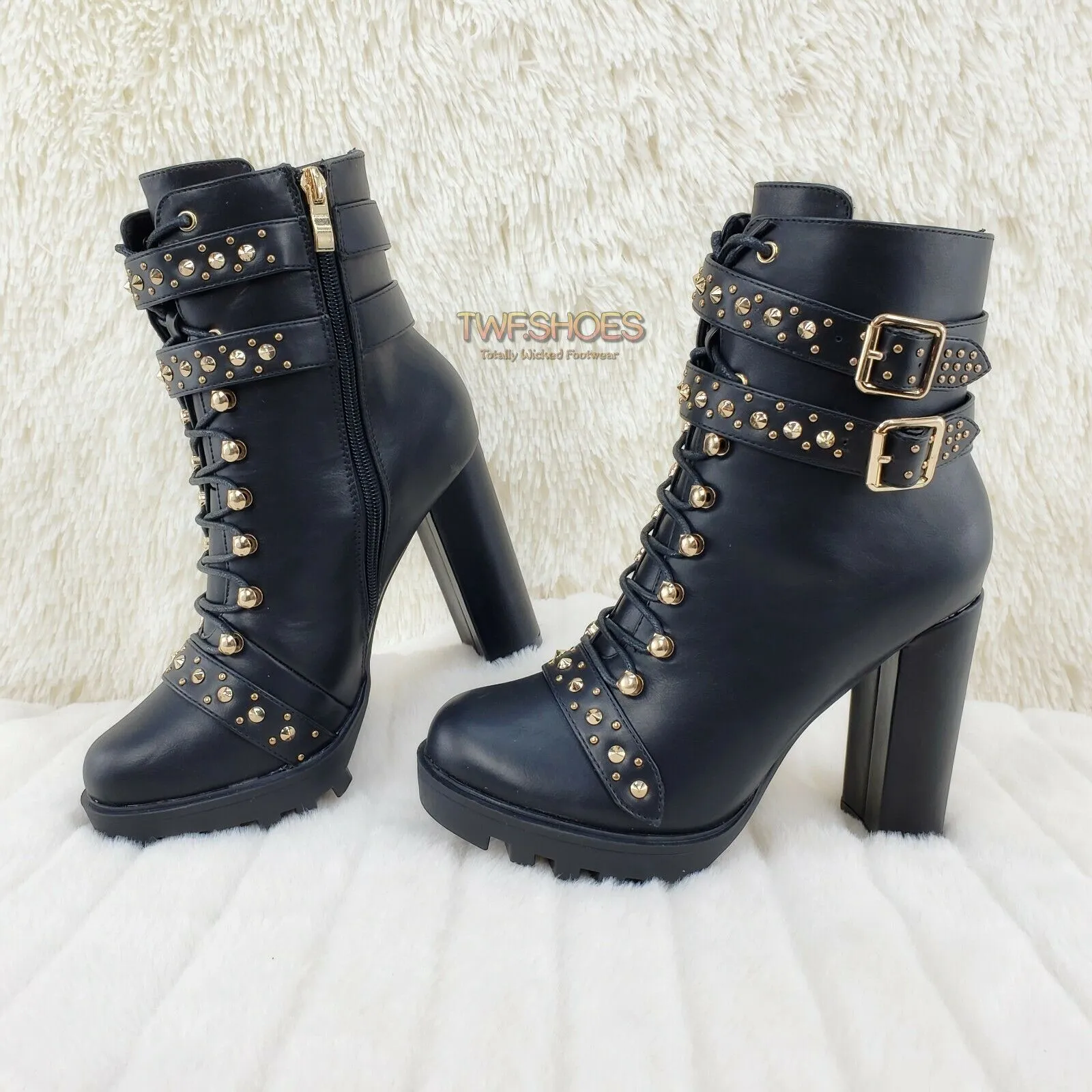 Hailey Lace Up Gold Studded Ankle Boots 4.5" Chunky Heels 6 -11 Black