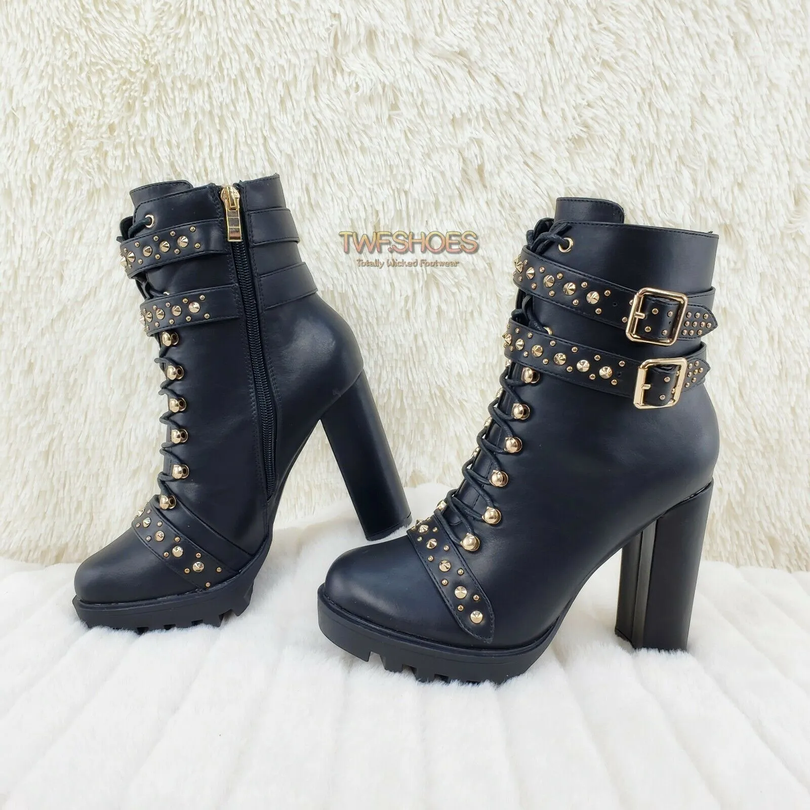 Hailey Lace Up Gold Studded Ankle Boots 4.5" Chunky Heels 6 -11 Black