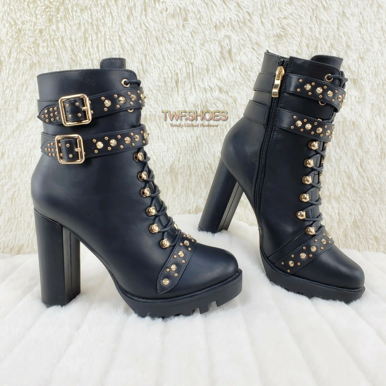 Hailey Lace Up Gold Studded Ankle Boots 4.5" Chunky Heels 6 -11 Black