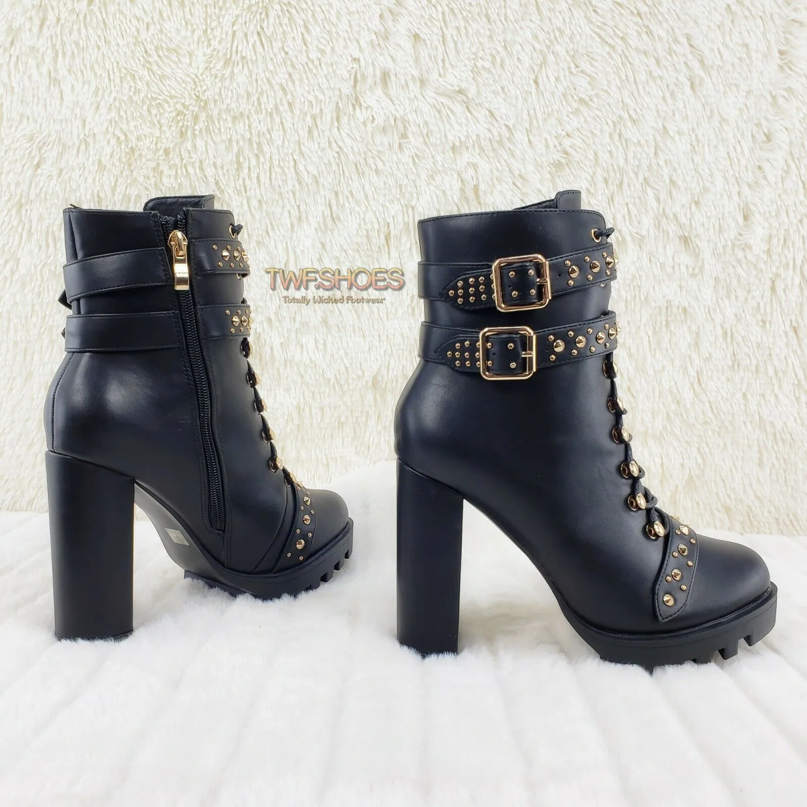 Hailey Lace Up Gold Studded Ankle Boots 4.5" Chunky Heels 6 -11 Black